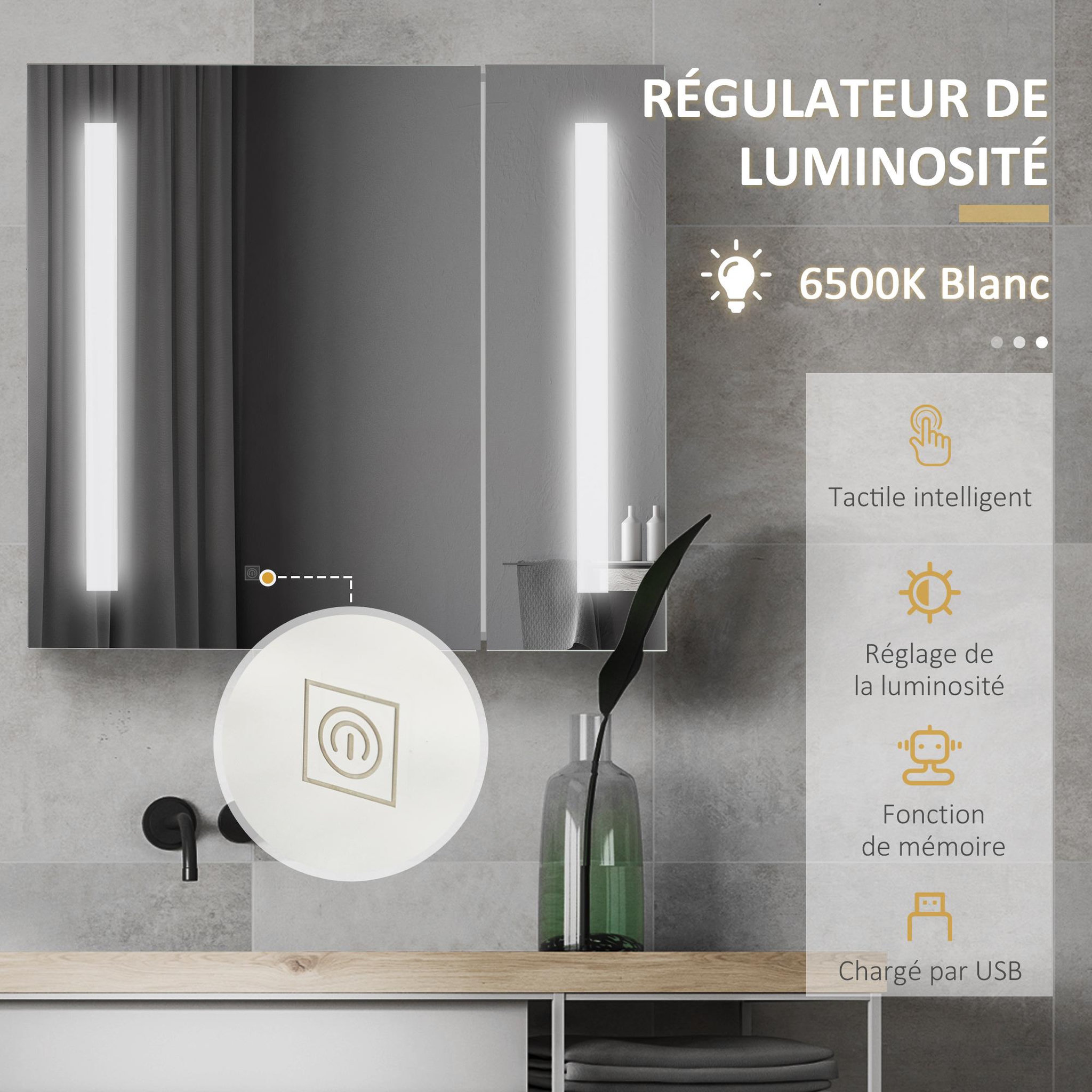 Voir la diapositive 6 : KLEANKIN Armoire de toilette miroir lumineux led 2 portes 3 niv. Blanc