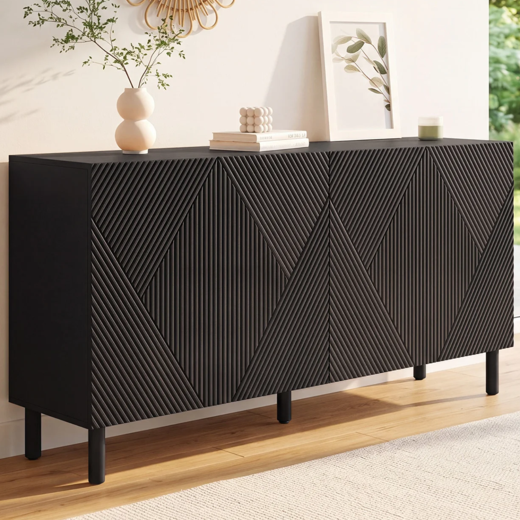 Voir la diapositive 2 : ID MARKET Buffet 160 cm himara 4 portes lattes géométriques bois noir