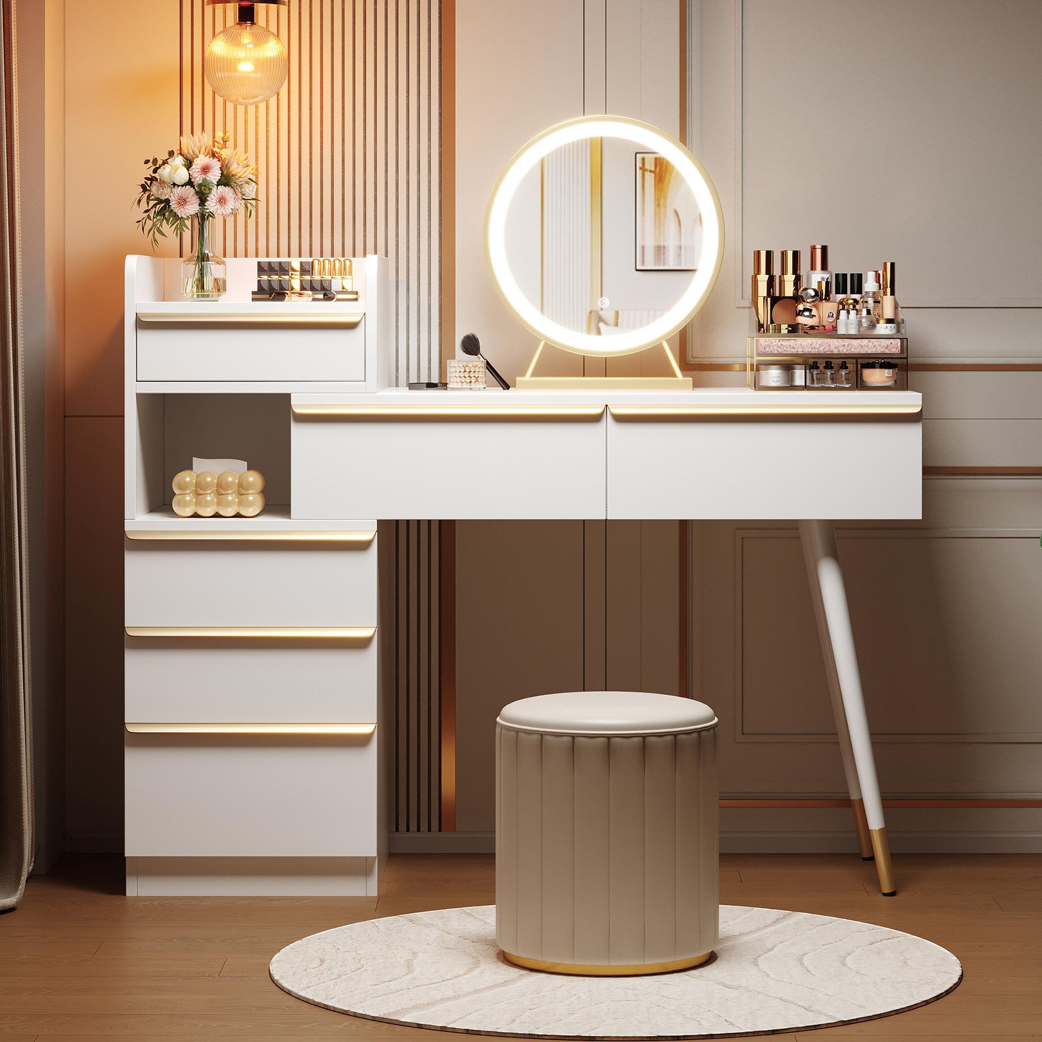 Voir la diapositive 4 : MERAX Coiffeuse coloris blanc panneaux de particules