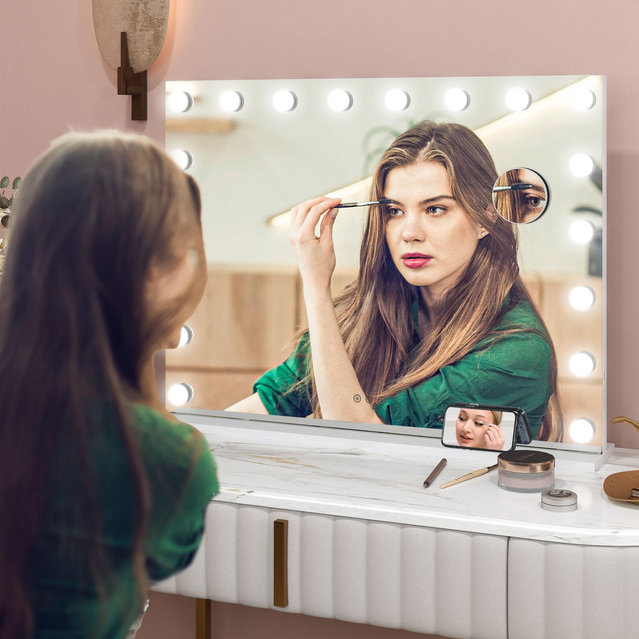 Voir la diapositive 2 : HOMCOM Miroir maquillage hollywood lumineux led intensité réglable grossissant charge usb support blanc