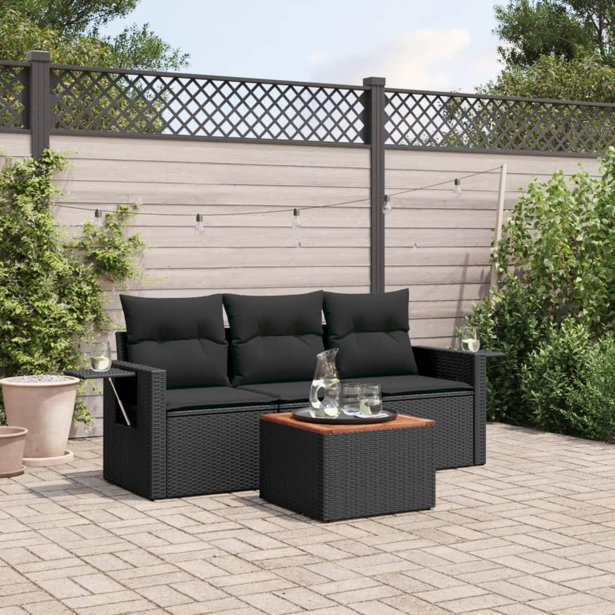 VIDAXL Salon de jardin 4 pcs avec coussins noir resine tressee