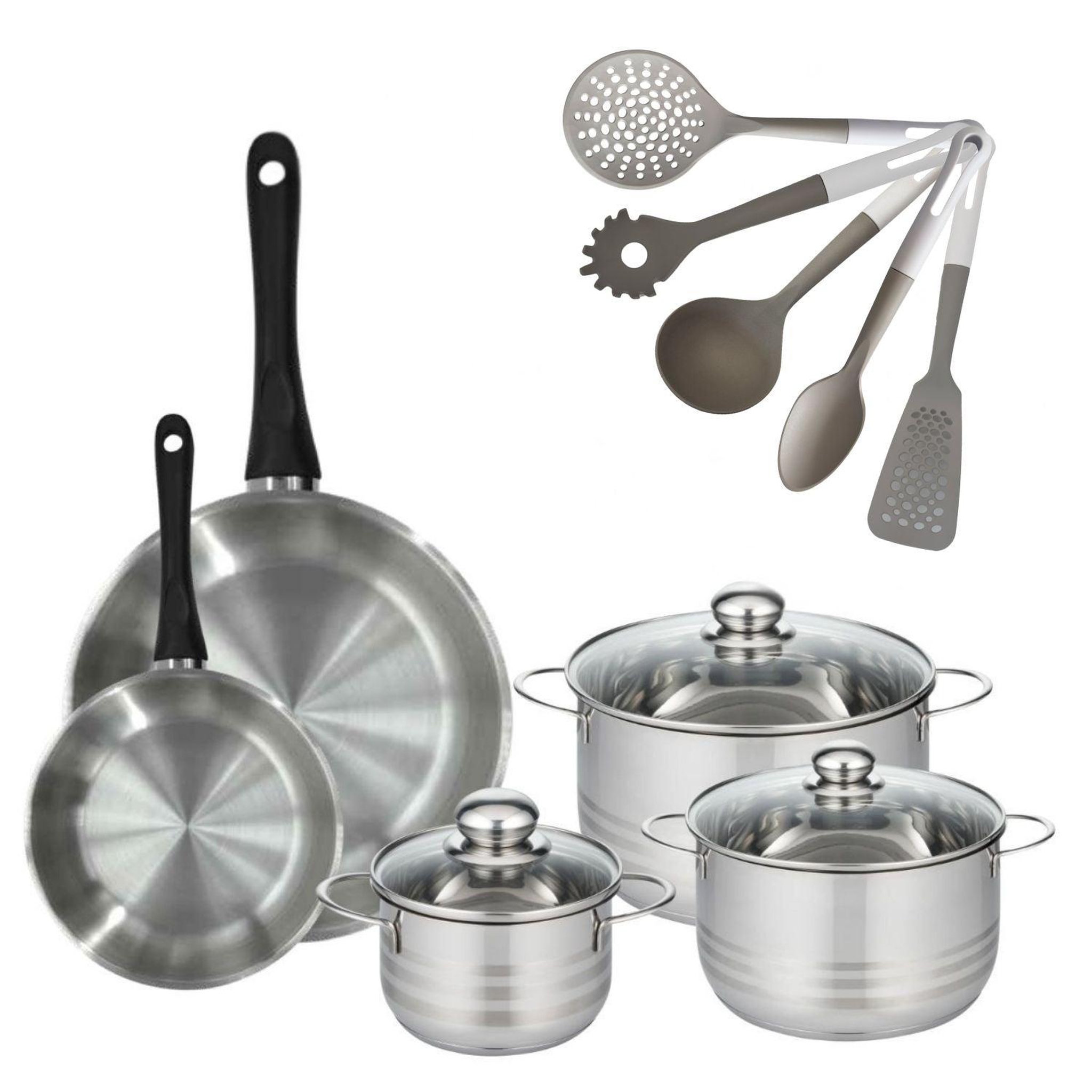 Fackelmann Batterie de cuisine avec 3 faitouts 16/20/24 cm et 2 poêles 20/28 cm avec 5 ustensiles de cuisine sans pfas fackelmann généva brillant vario