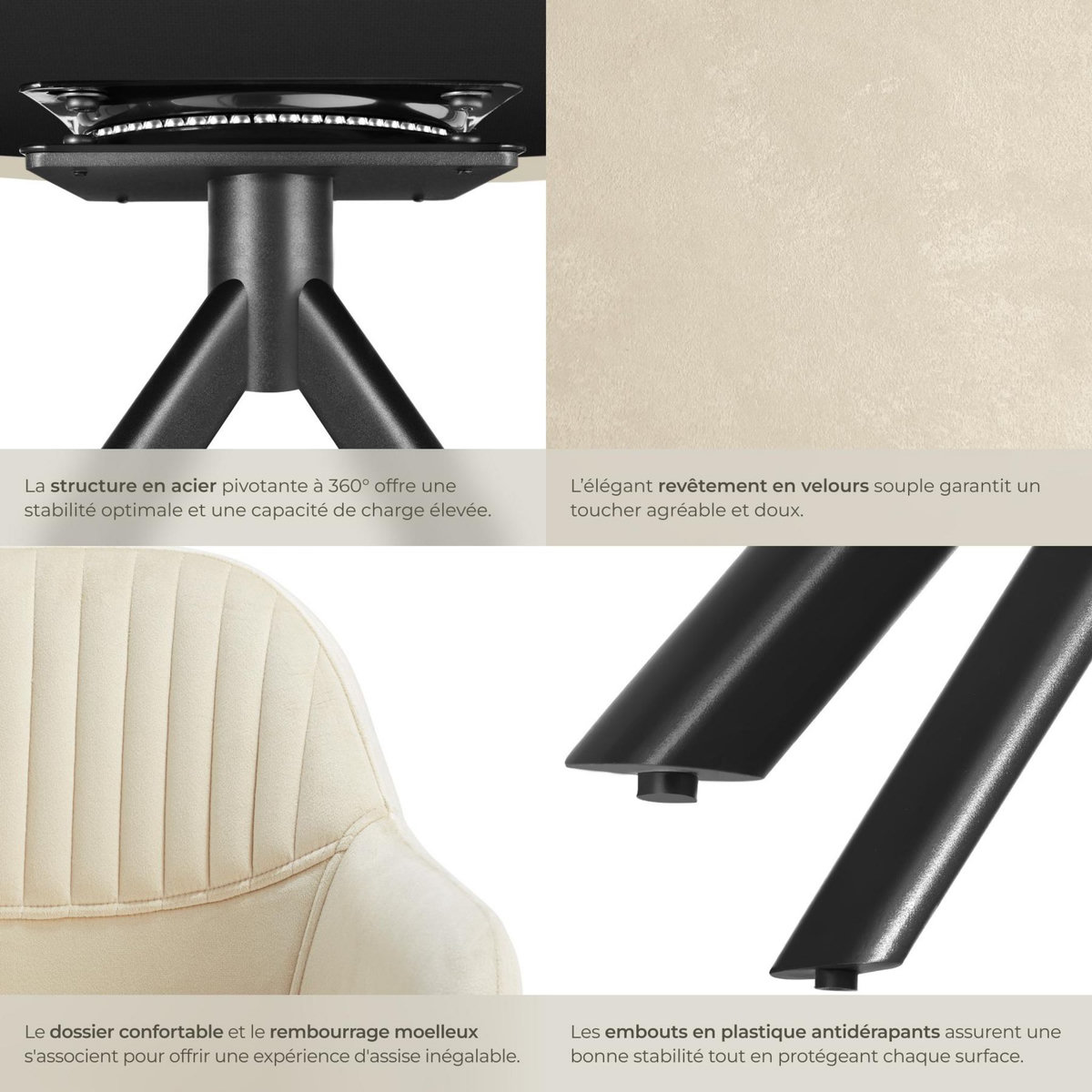 tectake Chaise pivotante en velours rembourrée crème/noir