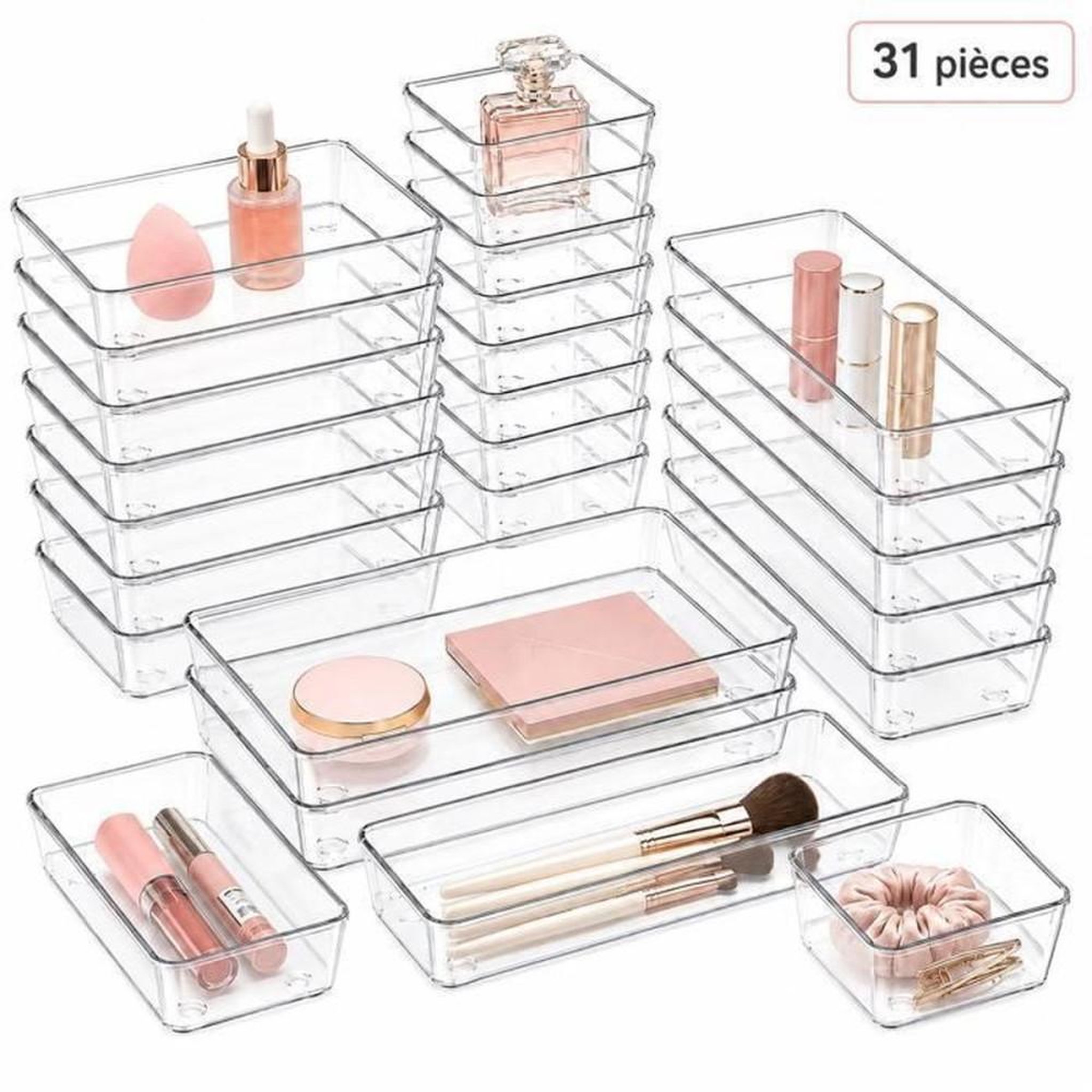 Set d'organisateurs de tiroir 31 pièces plastique transparent empilables, 4 tailles modulables