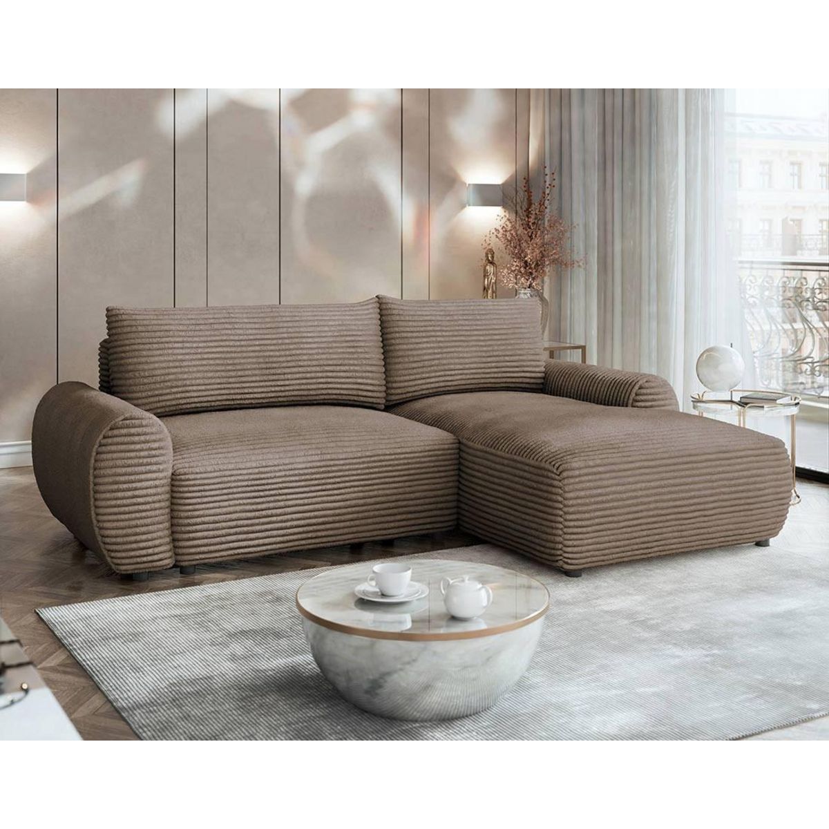 BEST MOBILIER Silvano - canapé d'angle droit 4 places convertible avec coffre en velours côtelé grosses côtes