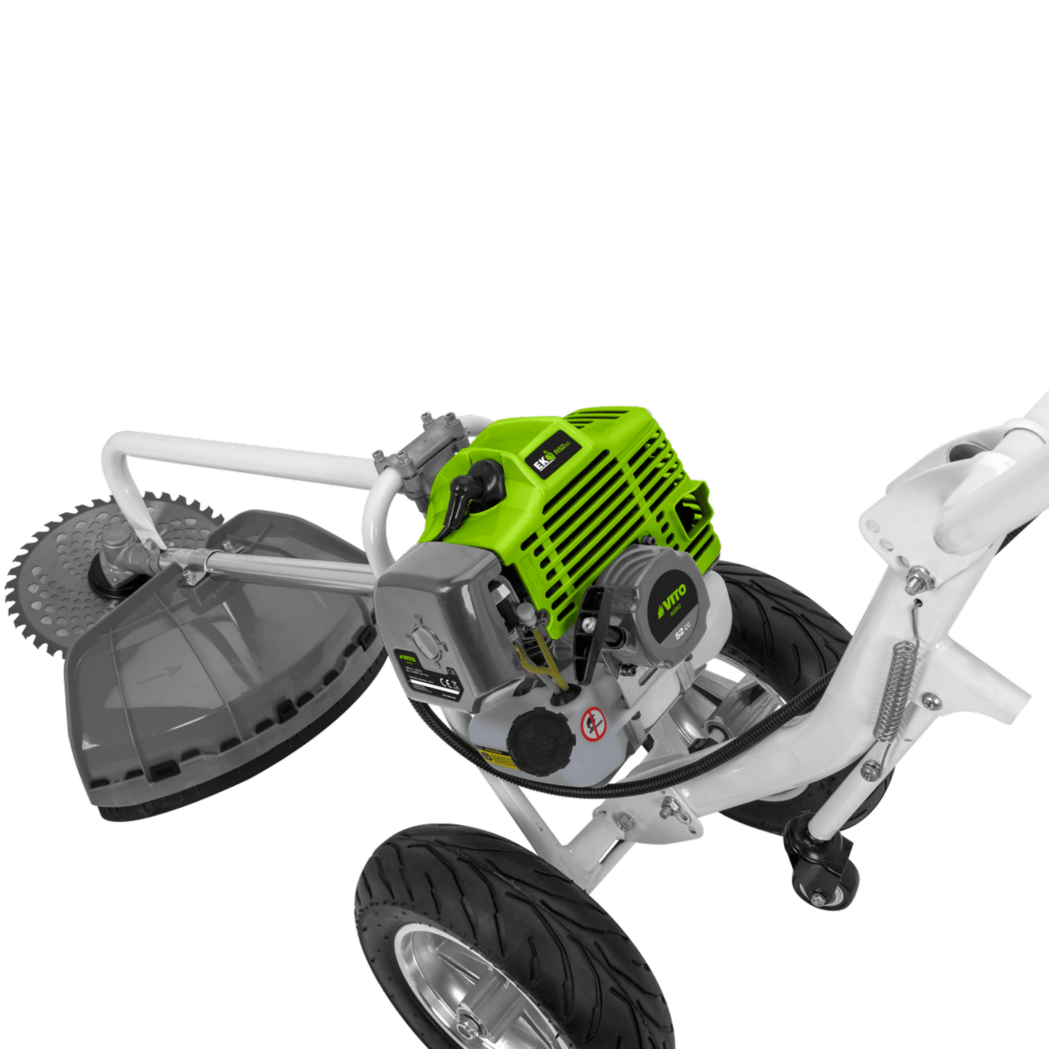 Voir la diapositive 3 : VITO Débroussailleuse thermique 52cm³ à roues Lame Ø 255 mm Autonomie 1h30 VITO