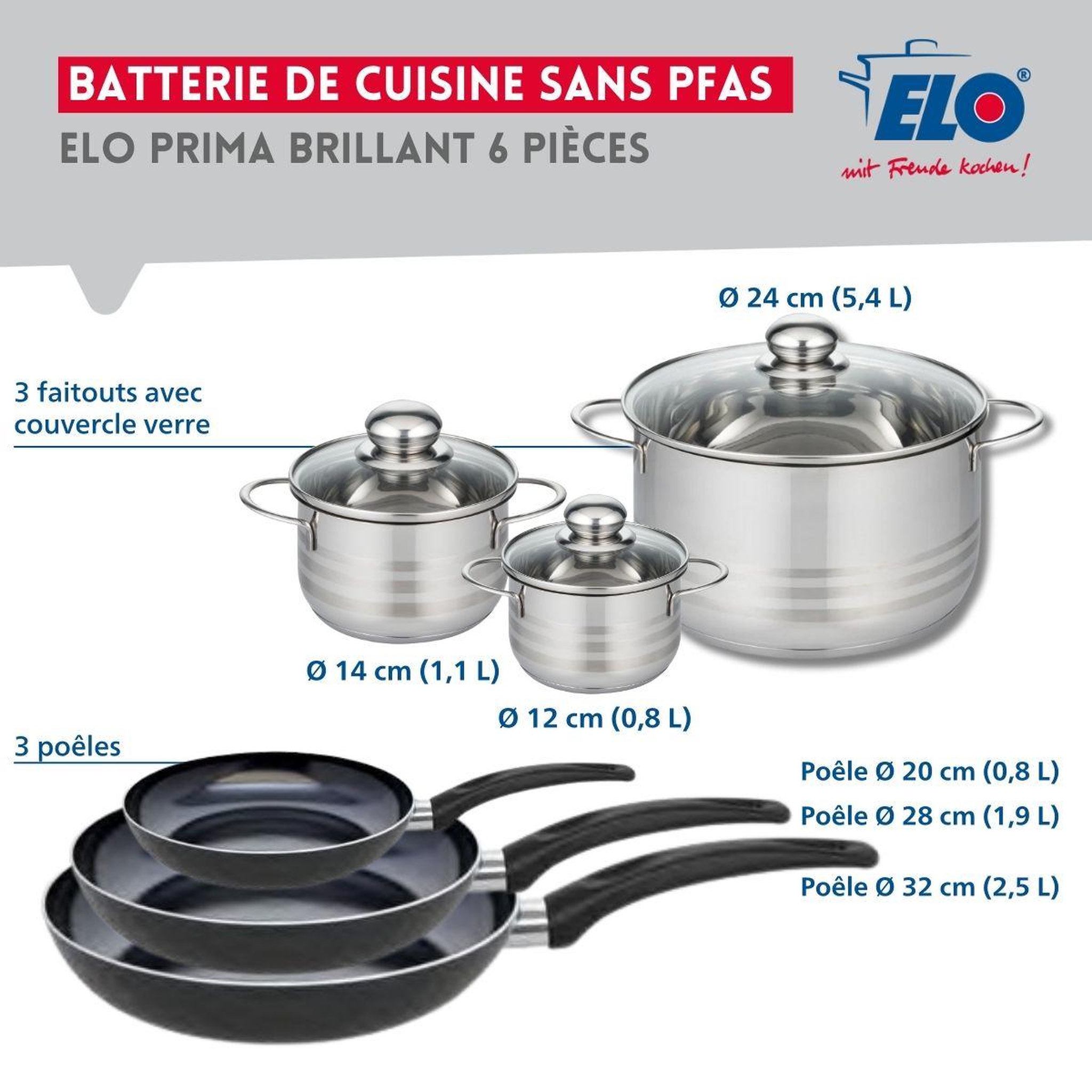 Voir la diapositive 2 : ELO Ensemble de 3 poêles de cuisson 20, 28 et 32 cm et 3 faitouts 12, 14 et 24 cm elo prima brillant