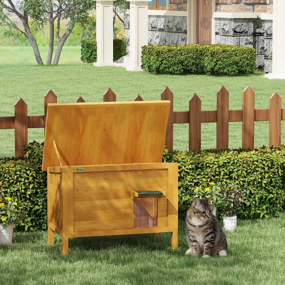 PAWHUT Maison lodge sur pied - niche villa chat - toit ouvrant bitumé, porte extérieure/intérieure - bois sapin pré-huilé