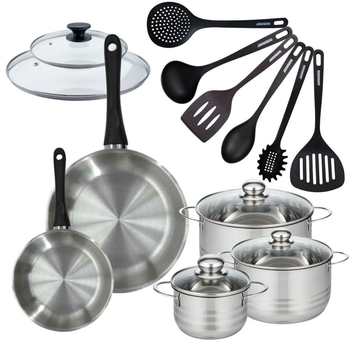 Fackelmann Set de 2 poêles 20 28 cm en inox, couvercles verres, 3 faitouts inox 16, 20 et 24 cm et 6 ustensiles RPET Fackelmann Geneva