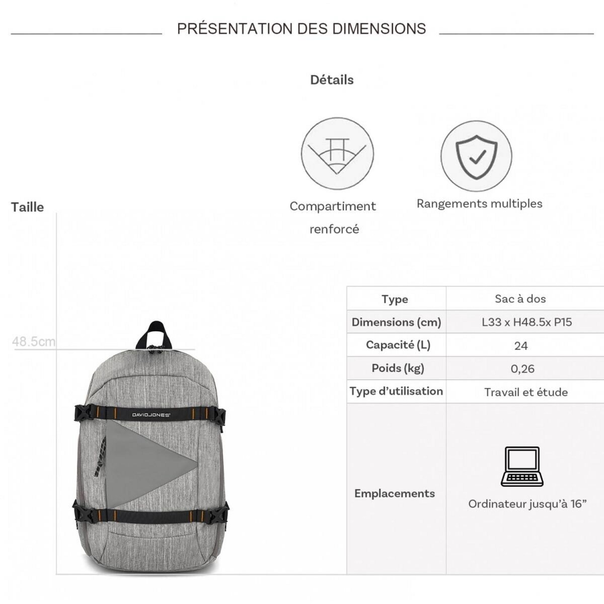 David Jones Sac à dos porte-ordinateur 16''