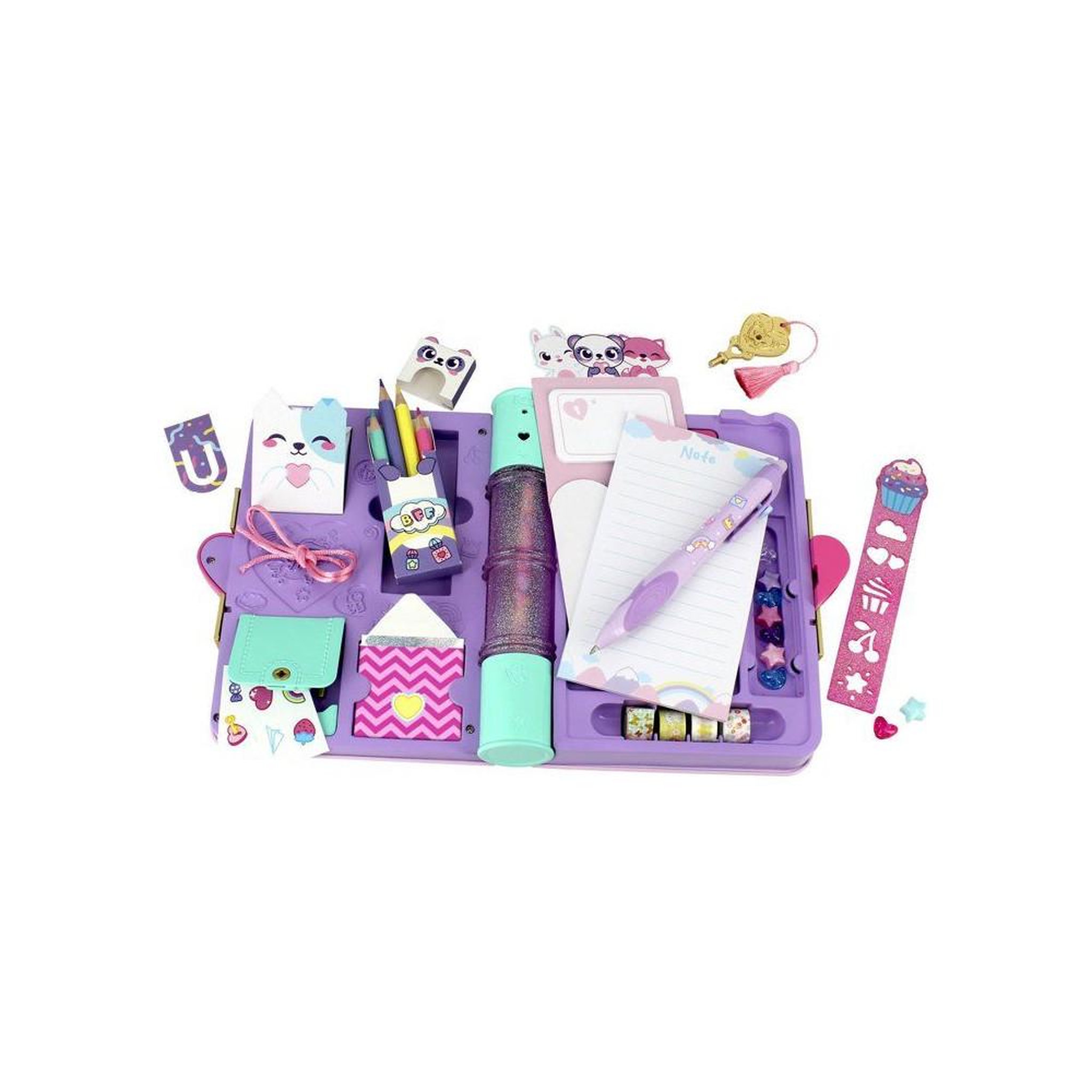 Voir la diapositive 3 : Journal secret avec stylo magique encre thermosensible, 5 clés et compartiments cachés, 30+ surprises animales, set de personnalisation multicolore