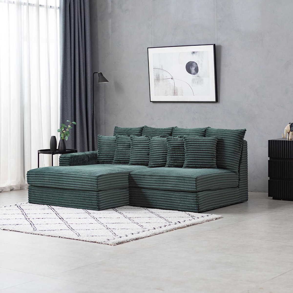 CONCEPT USINE Canapé d'angle 2-3 places assise profonde en velours côtelé vert CARDIFF