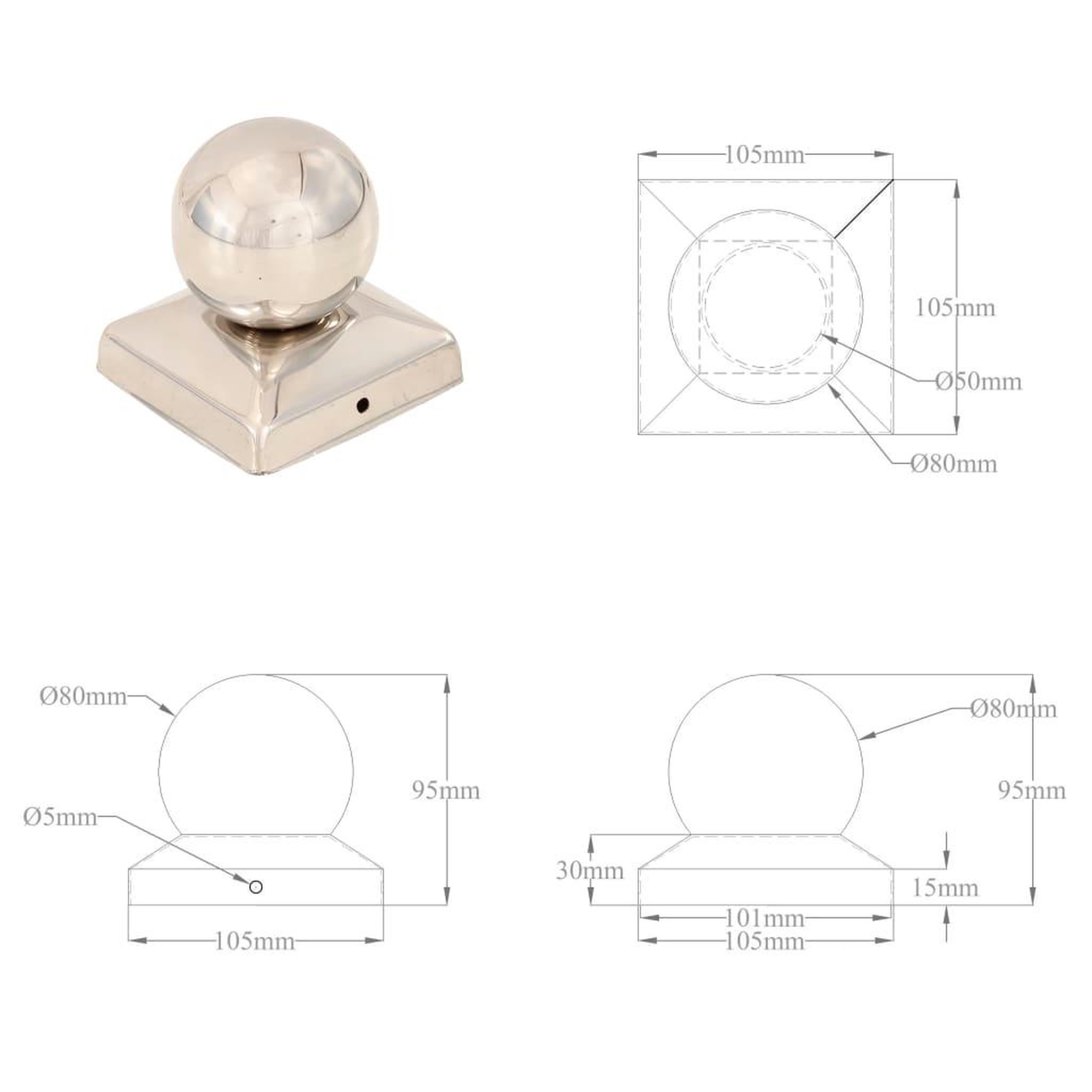Voir la diapositive 6 : VIDAXL Bouchons de poteau 6 pcs globe final acier inoxydable 101x101mm