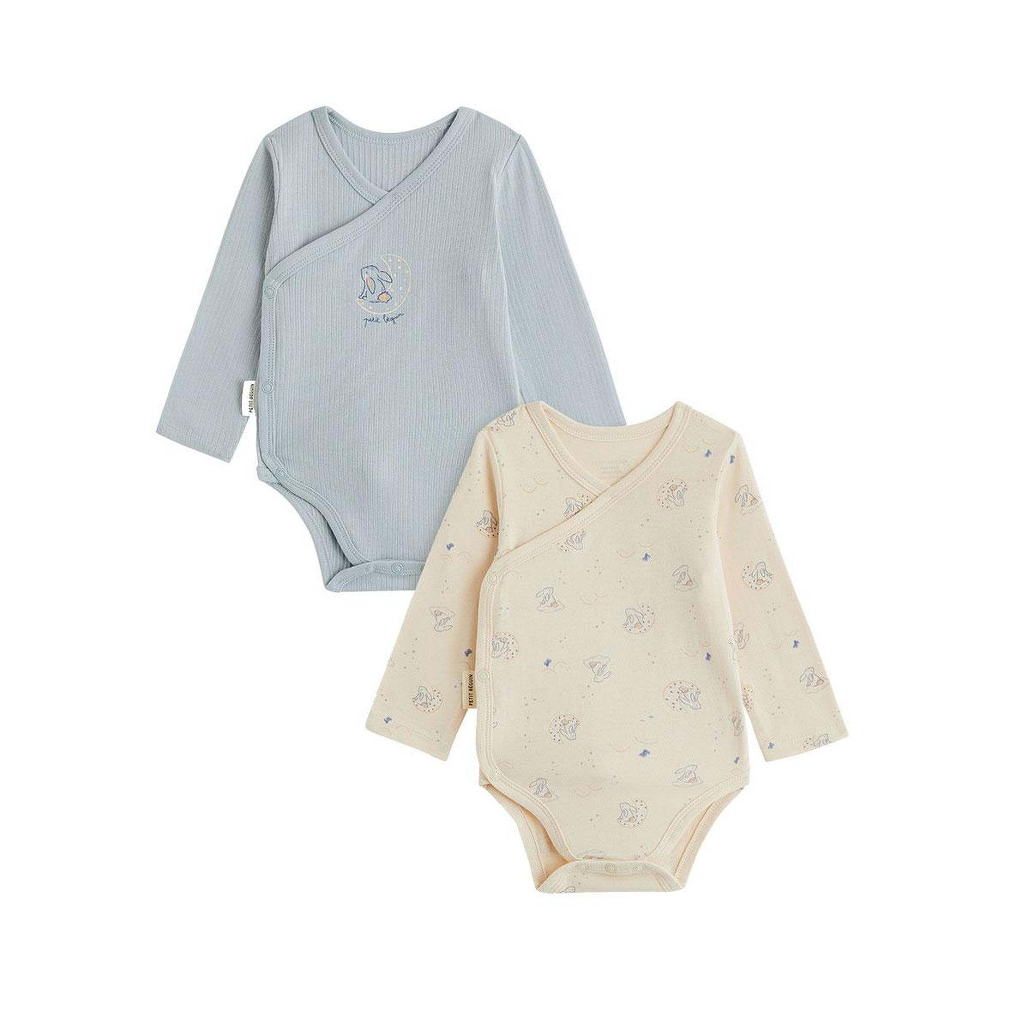 PETIT BEGUIN Lot de 2 bodies bébé manches longues ouverture croisée voix lactée. Coloris disponibles : Bleu