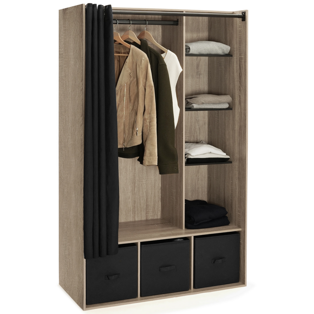 ID MARKET Dressing penderie DIANE 105 x 50 x 172 cm hêtre avec étagères + boites de rangement + rideau noir