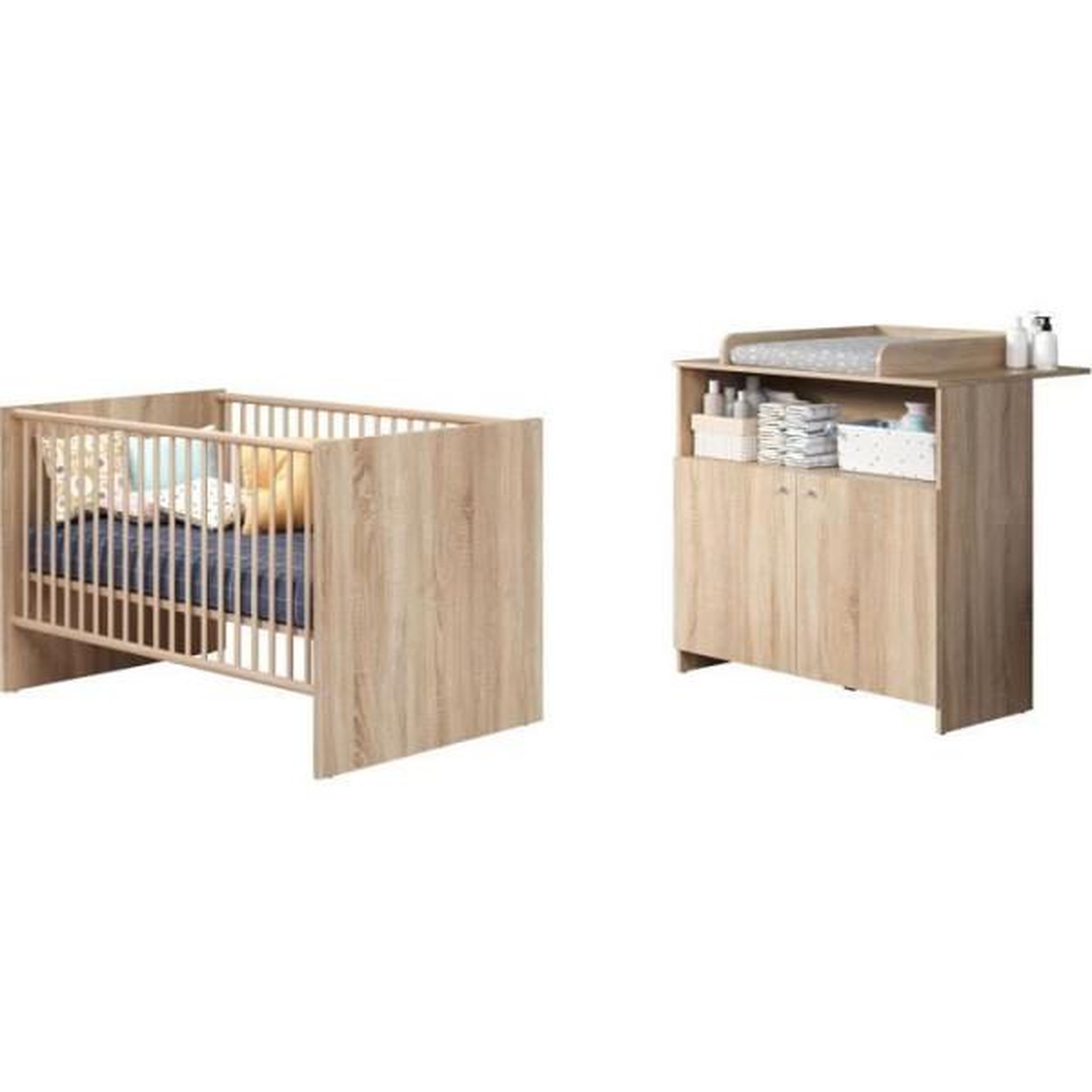 Voir la diapositive 2 : Trendteam Chambre bébé duo NIKO - Lit 70x140 cm + Commode a langer 2 portes - Décor chene naturel - TRENDTEAM