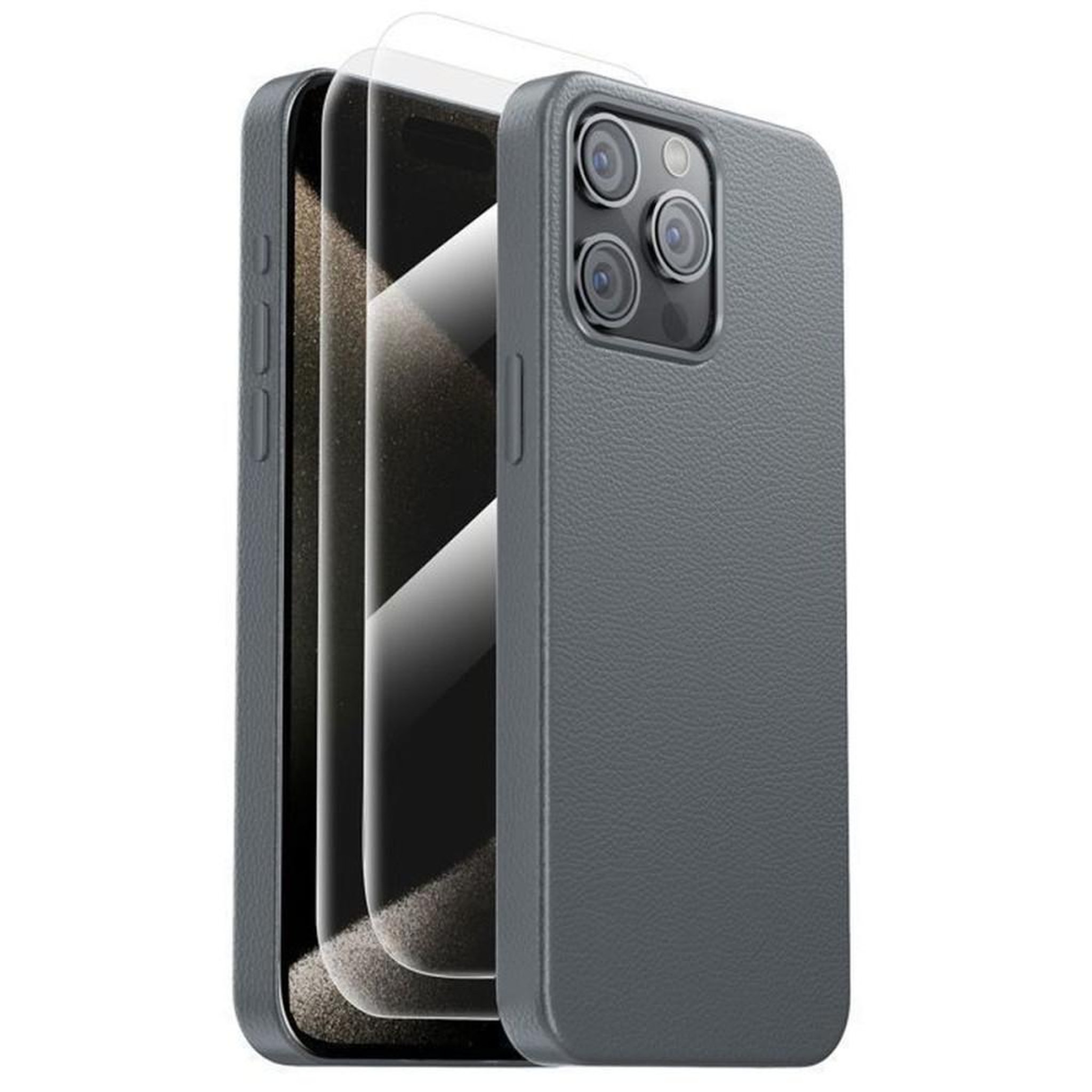 Coque cuir pour iPhone 15 Pro Max 6,7  grise compatible MagSafe en TPU et PU avec protection anti-chocs et accès boutons/ports