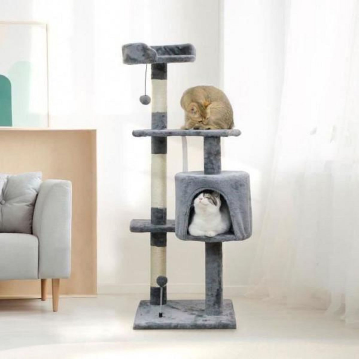 MARKET24 JASPER Arbre a chat gris 40 x 40 x 114 cm -3 plateformes, 1 niche, poteaux a griffer