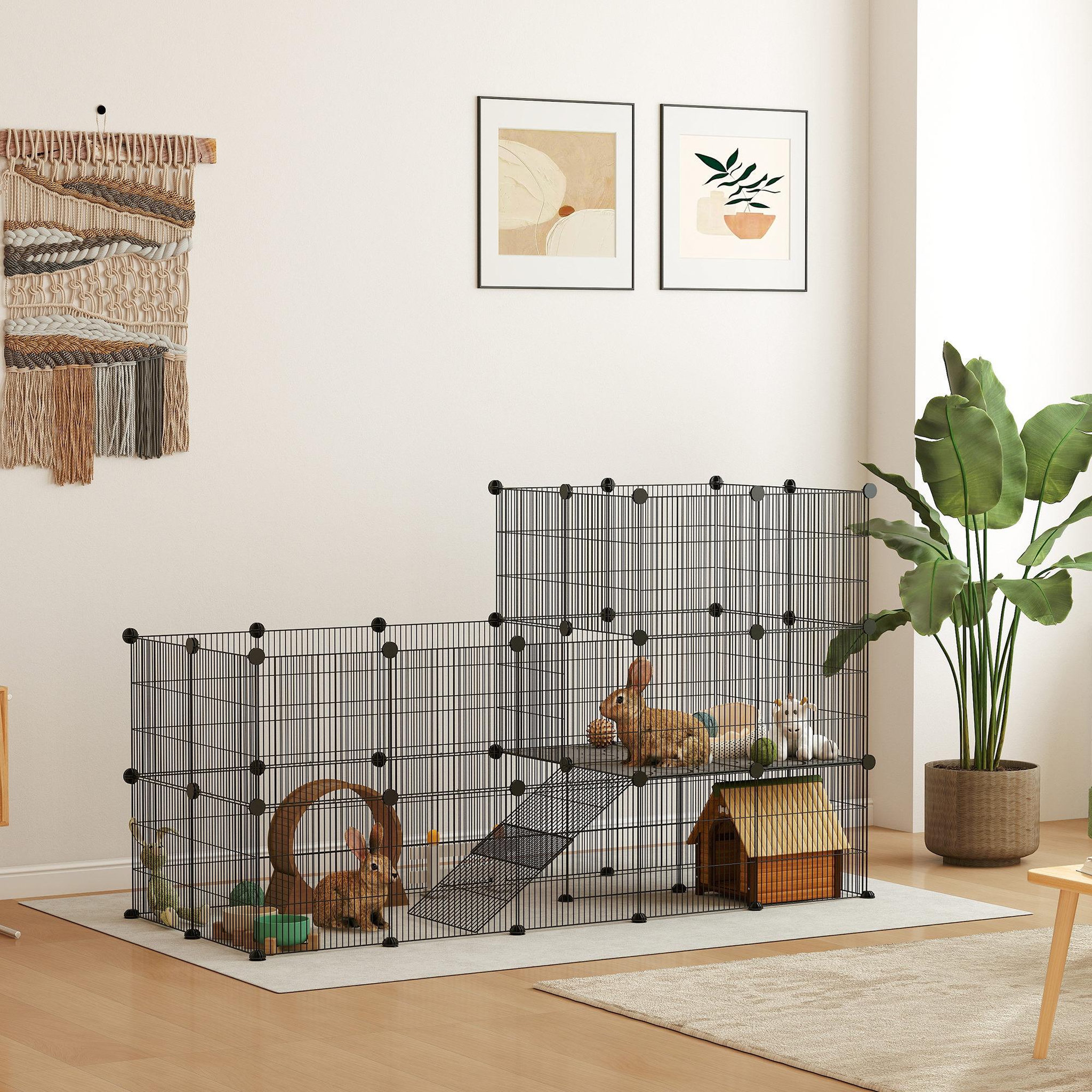 Voir la diapositive 2 : PAWHUT Cage parc enclos modulable rongeurs 2 niveaux 39 panneaux fil métallique pp noir