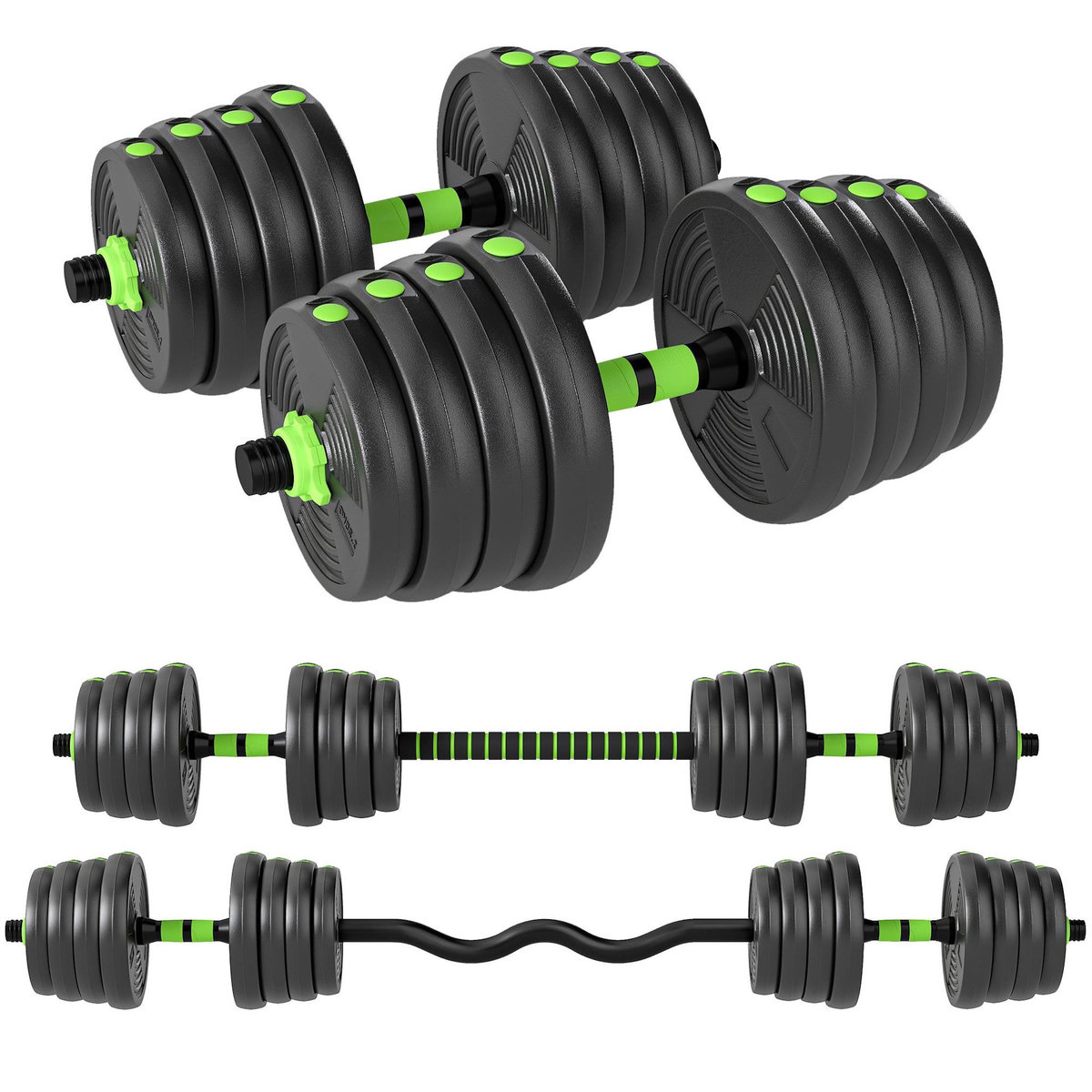 HOMCOM Ensemble d'haltères musculation multifonction 3 en 1 - haltères, Olympic barre, Curl EZ barre - total 30Kg - PVC vert noir