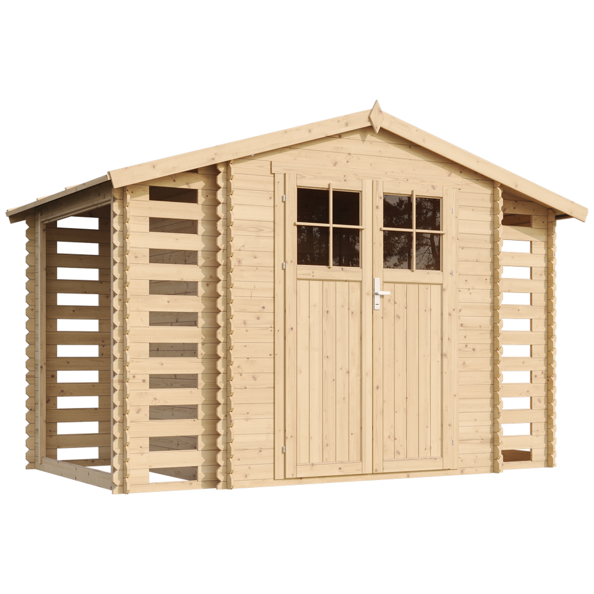 TIMBELA Abri de jardin en bois et range bûches extérieur - 3,53 + 0,97+0,97 m2 m391f