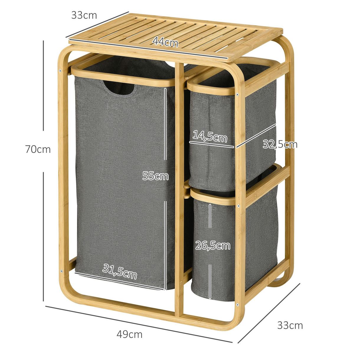 HOMCOM Panier à linge corbeille à linge bac linge sale 3 paniers amovibles bambou non-tissé gris