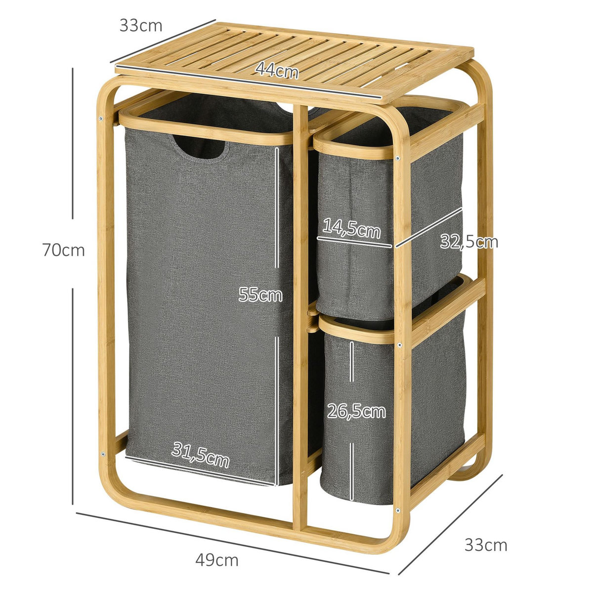 HOMCOM Panier à linge corbeille à linge bac linge sale 3 paniers amovibles bambou non-tissé gris