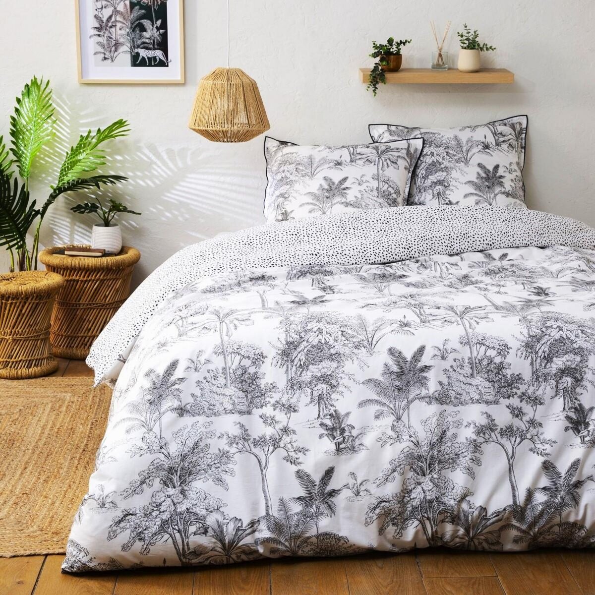 FUTURE HOME Parure de lit 2 personnes en coton 57 fils imprimé blanc