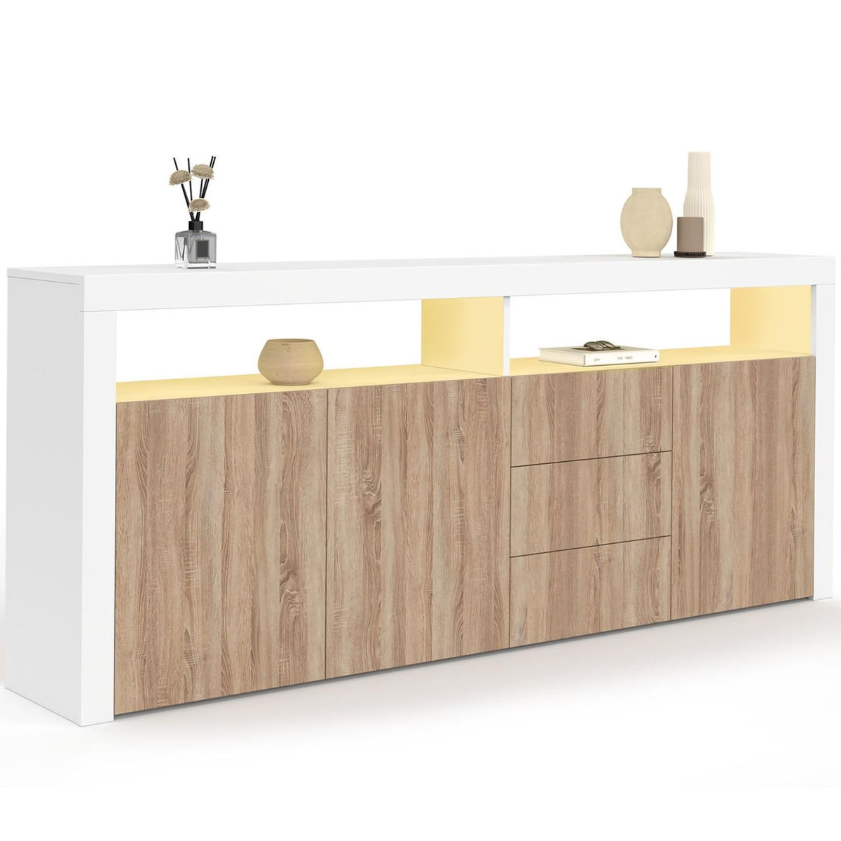 ID MARKET Buffet 180 cm ELIGHT XXL 3 portes et 3 tiroirs avec LED et niches blanc et bois façon hêtre