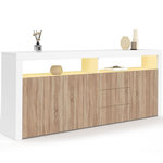 ID MARKET Buffet 180 cm ELIGHT XXL 3 portes et 3 tiroirs avec LED et niches blanc et bois façon hêtre