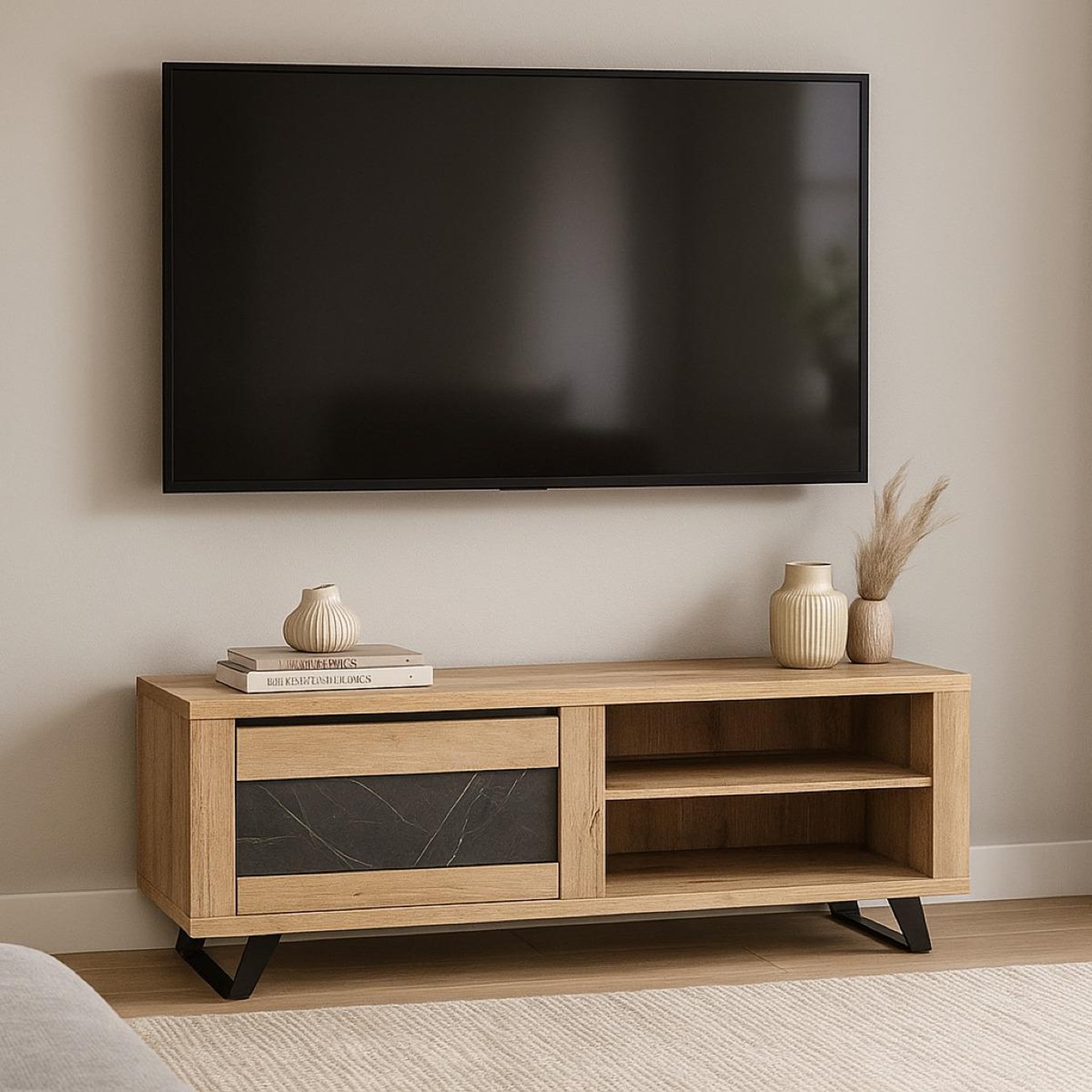 Voir la diapositive 2 : JLC KREATION Meuble tv contemporain bois et porte céramique 150cm horace