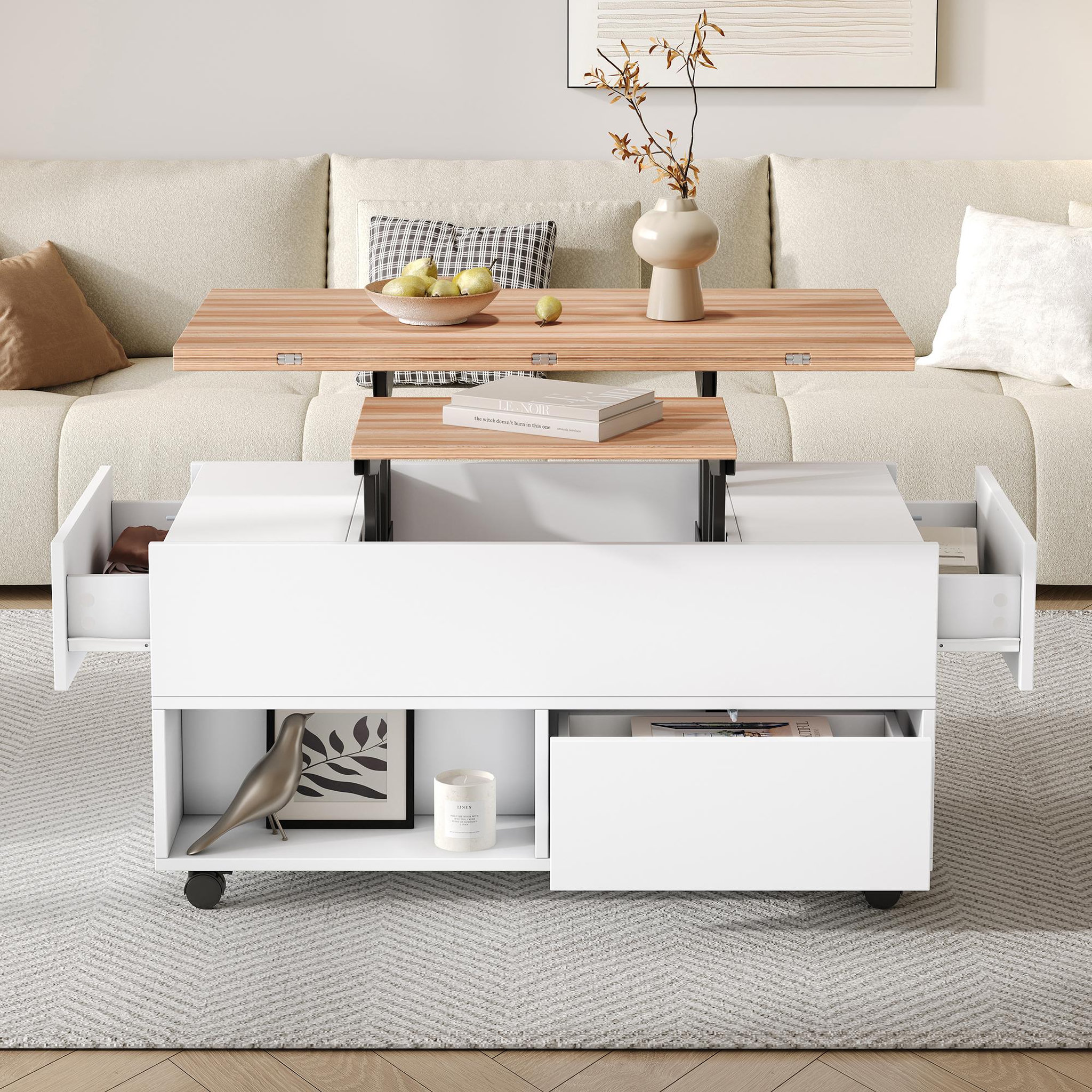 Voir la diapositive 2 : MERAX Table basse relevable rectangulaire blanc+naturel - 50x100 cm panneau de particules