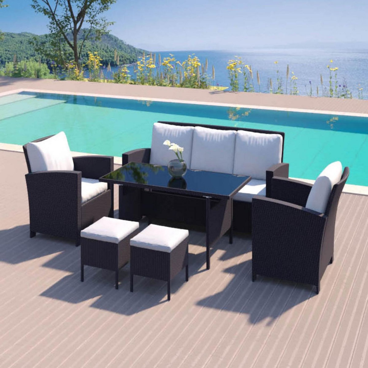 CONCEPT USINE Salon de jardin 7 places en résine tressée noir et blanc MODENA