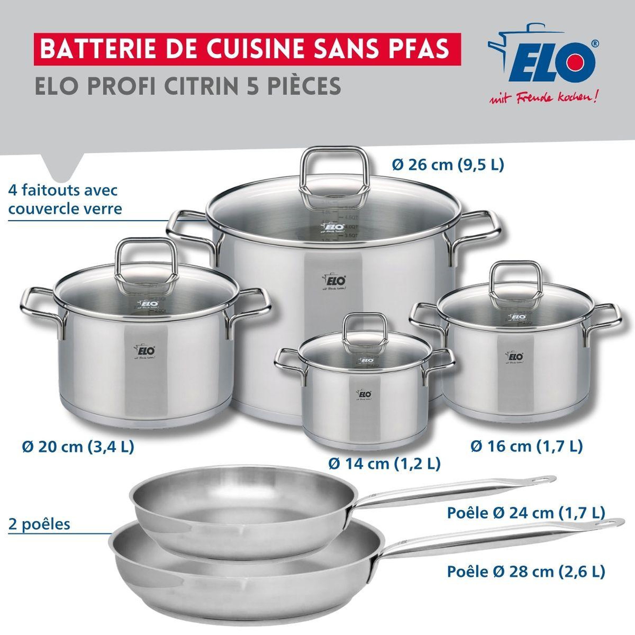 Voir la diapositive 2 : ELO Ensemble de 2 poêles de cuisson 24 et 28 cm et 4 faitouts 14, 16, 20 et 26 cm elo profi citrin