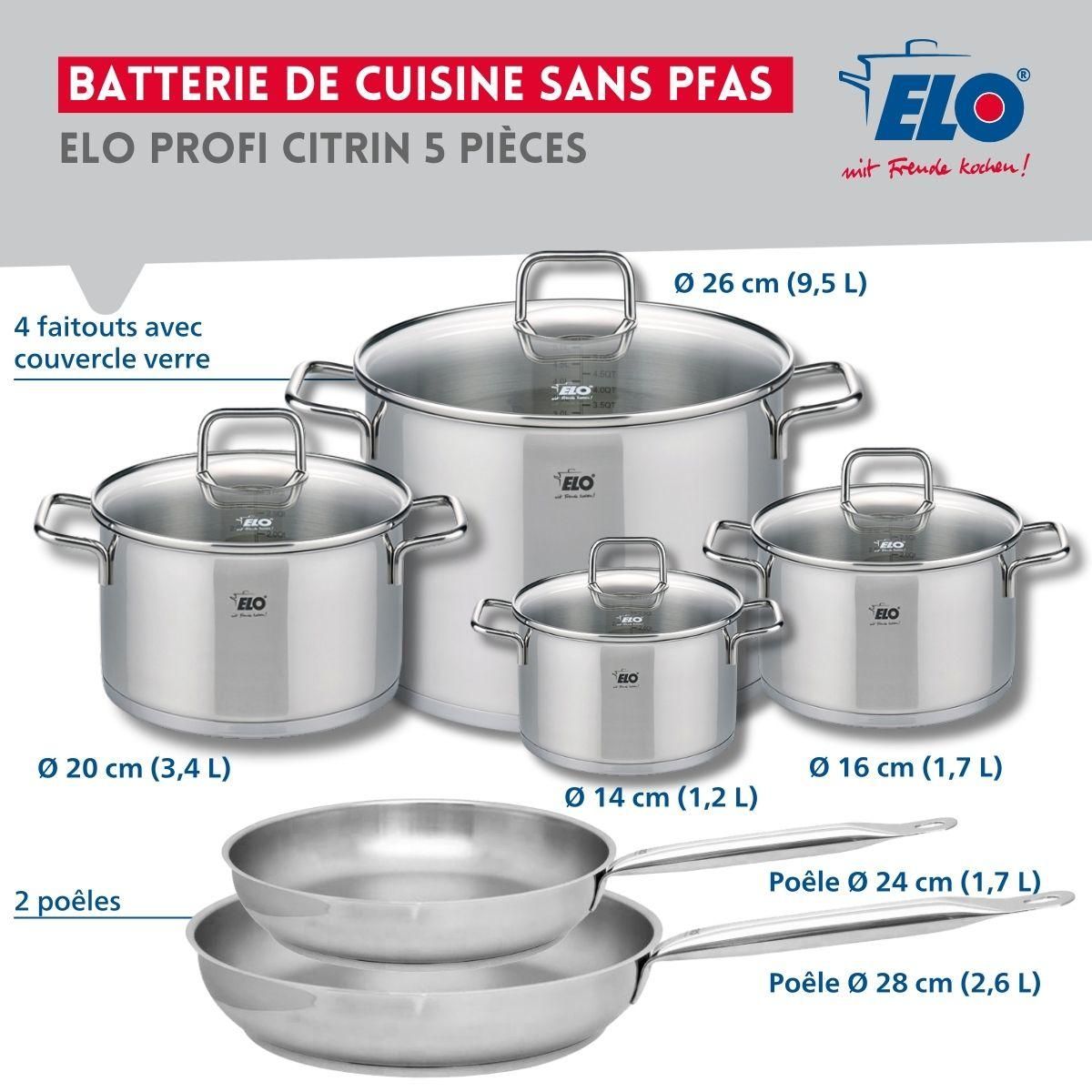 ELO Ensemble de 2 Poêles de cuisson 24 et 28 cm et 4 faitouts 14, 16, 20 et 26 cm Elo Profi Citrin