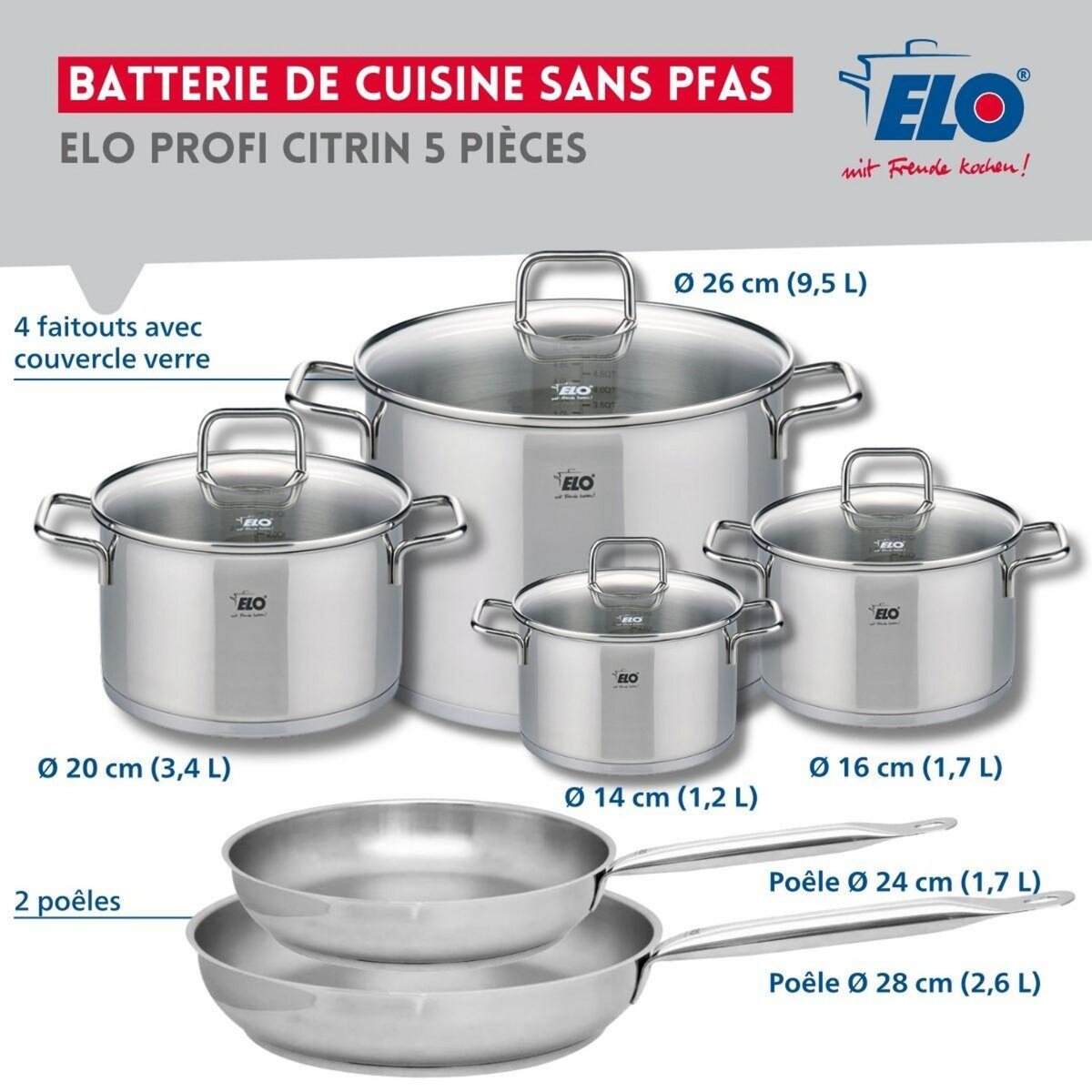 ELO Ensemble de 2 Poêles de cuisson 24 et 28 cm et 4 faitouts 14, 16, 20 et 26 cm Elo Profi Citrin