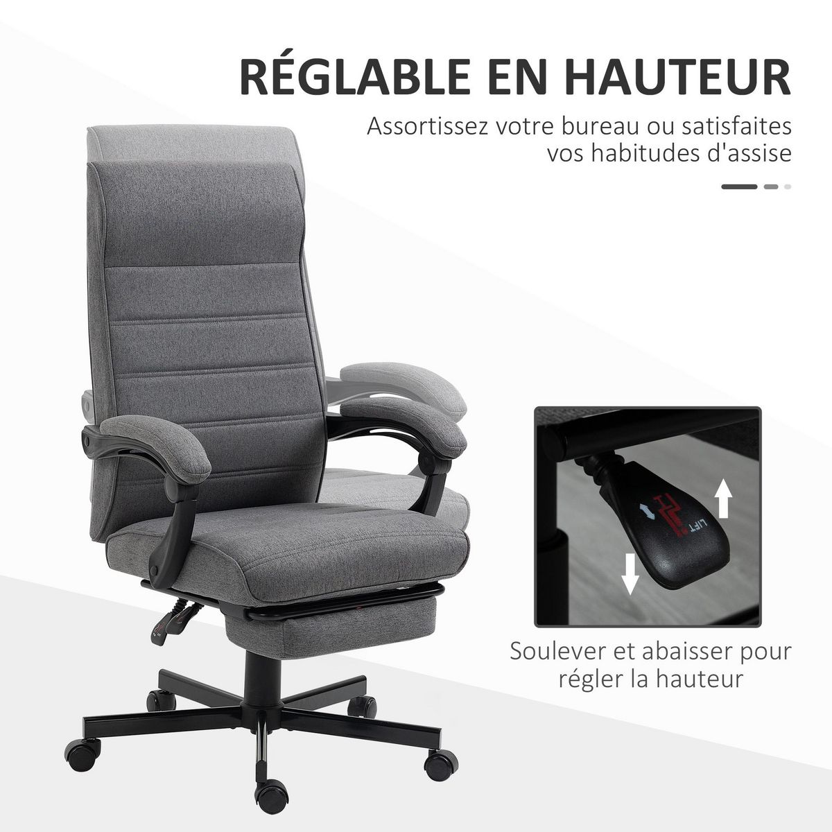 VINSETTO Chaise de bureau manager ergonomique inclinable réglable repose-pied rétractable tissu gris