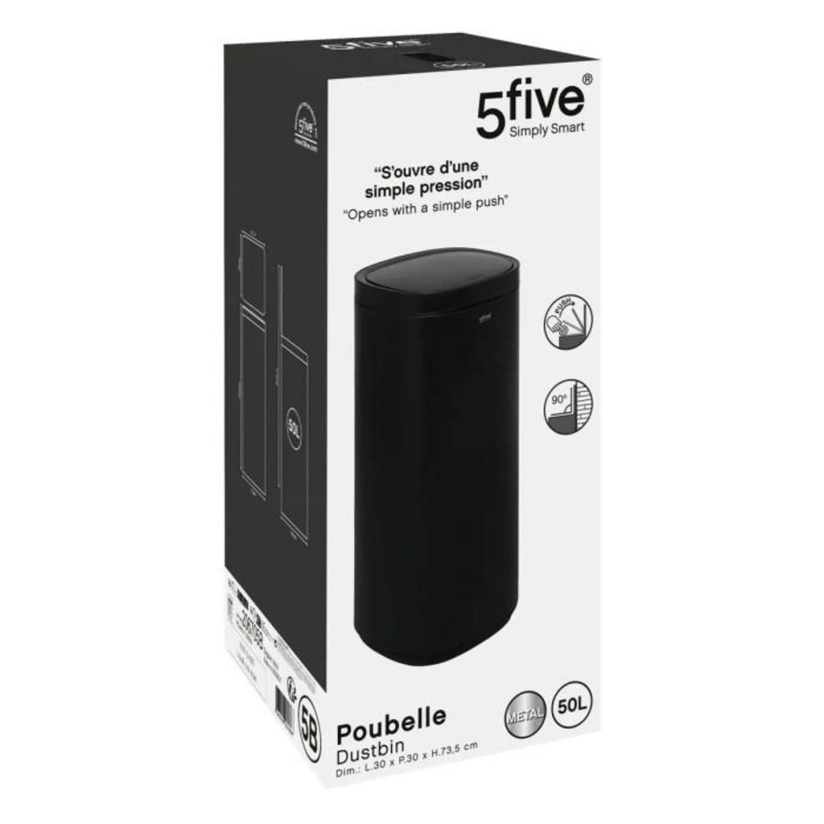 FIVE Poubelle de Cuisine Ouverture Pression  Inox  50L Noir