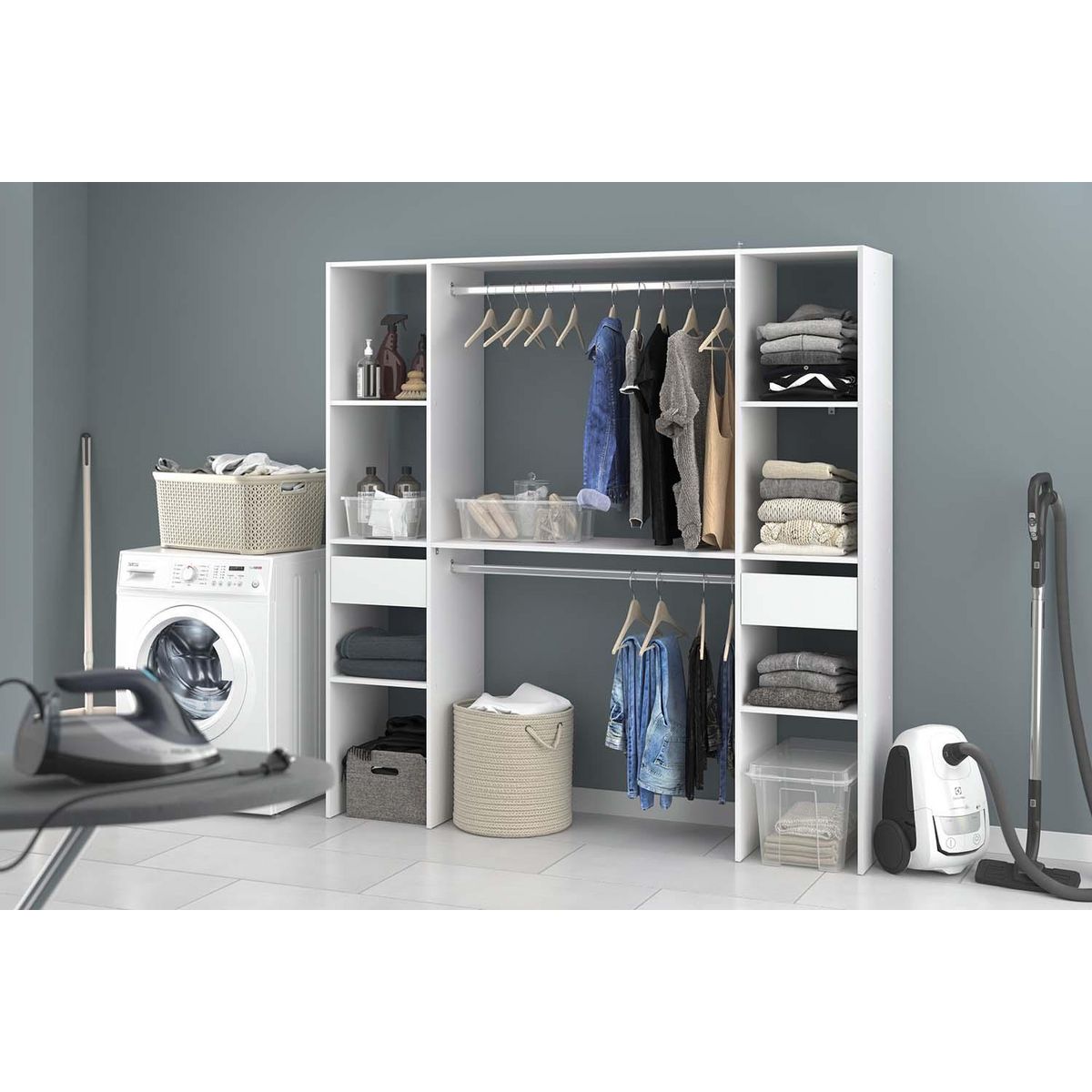 CONCEPT USINE Dressing blanc 6 étagères, 2 tiroirs, 2 penderies 180 x 40 x 180 cm ELYSEE