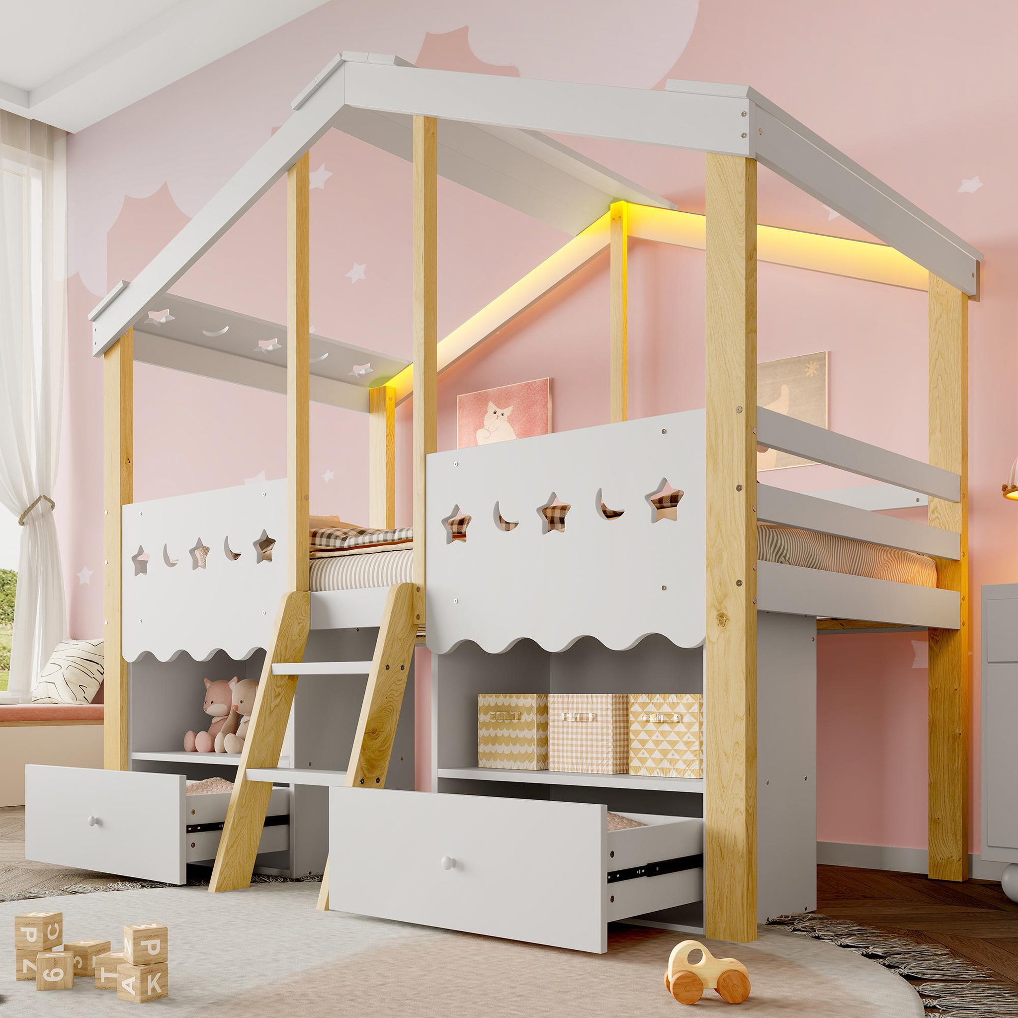 Voir la diapositive 4 : MERAX Lit enfant mi hauteur 90x200cm coloris naturel+blanc led bois massif