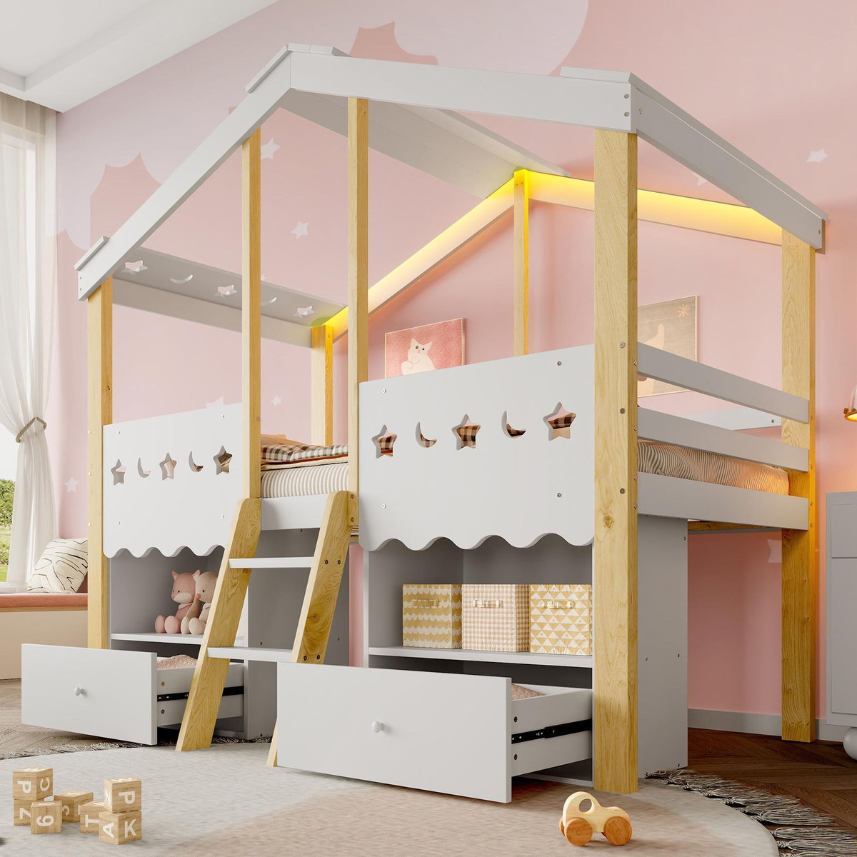 MERAX Lit enfant mi hauteur 90x200cm coloris naturel+blanc led bois massif