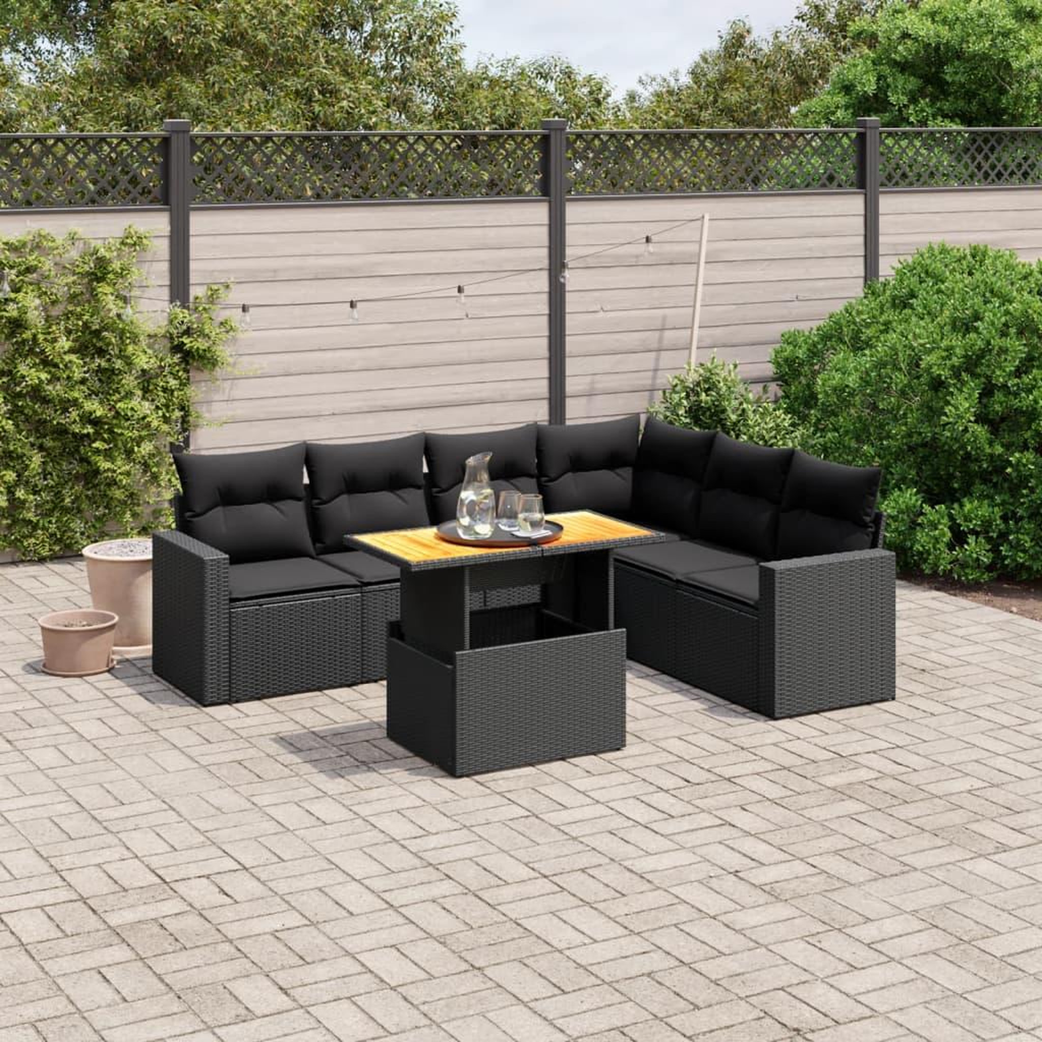 VIDAXL Salon de jardin 7 pcs avec coussins noir resine tressee