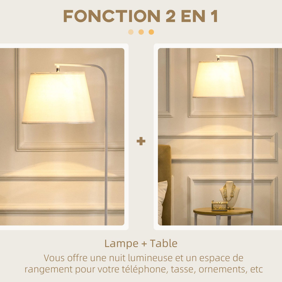 HOMCOM Lampadaire étagères design dim. Ø 37 x 162H cm 40 W max. bois bambou verni métal abat-jour tissu blanc