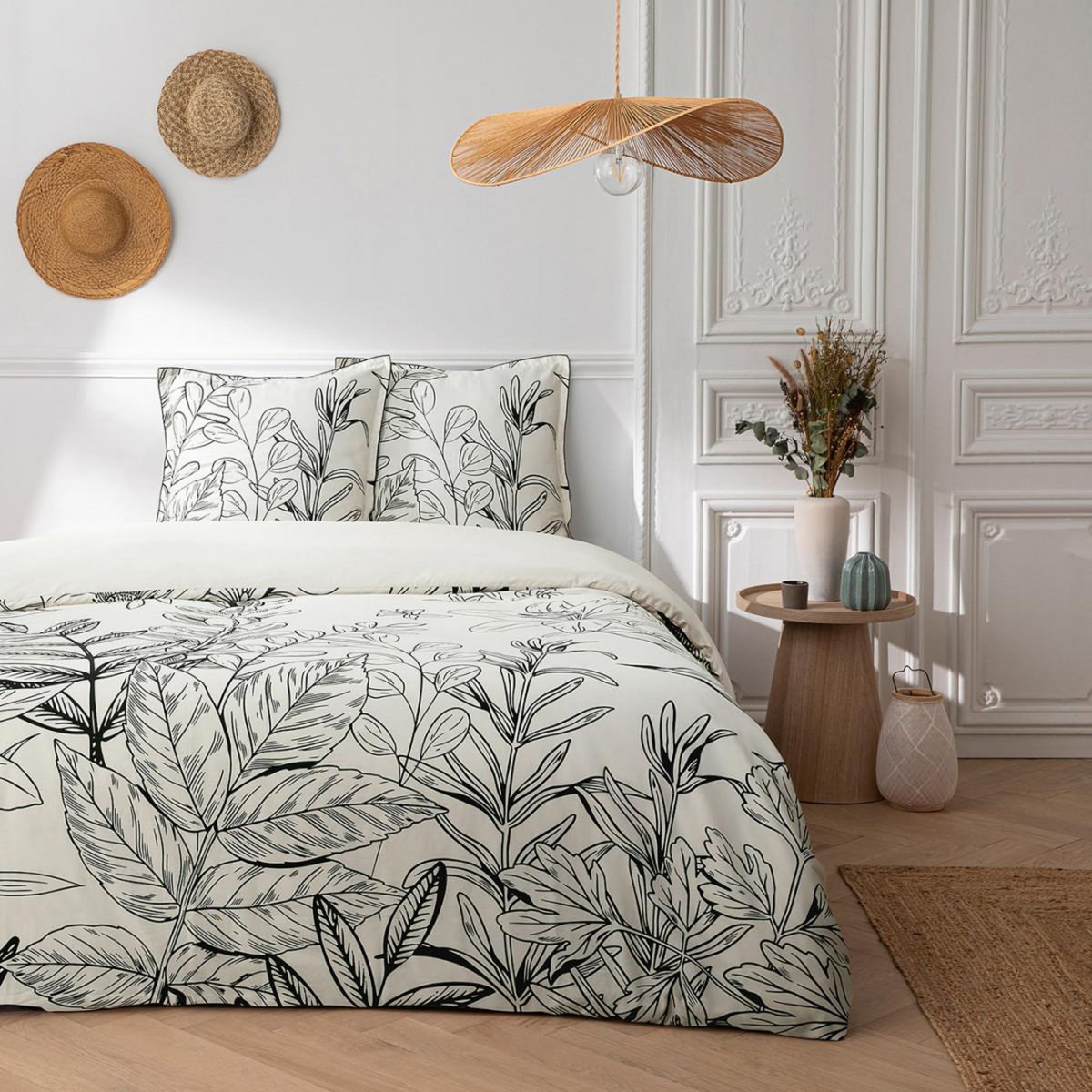 FUTURE HOME Parure de lit 2 personnes en satin de coton imprimé végétal