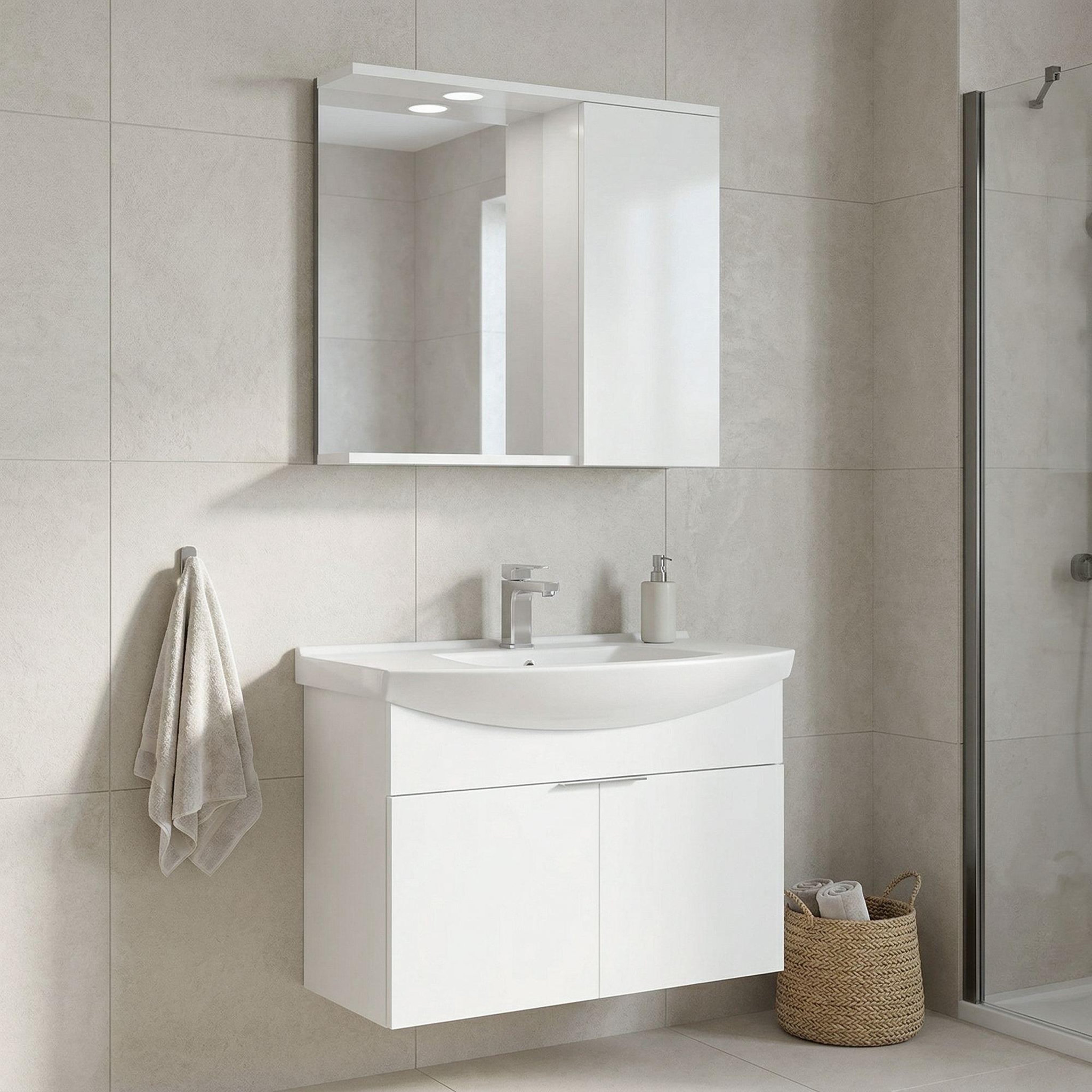 Voir la diapositive 2 : Habitat et Jardin Meuble avec simple vasque et miroir  Purus 80  - 80 x 50 x 58 cm - White