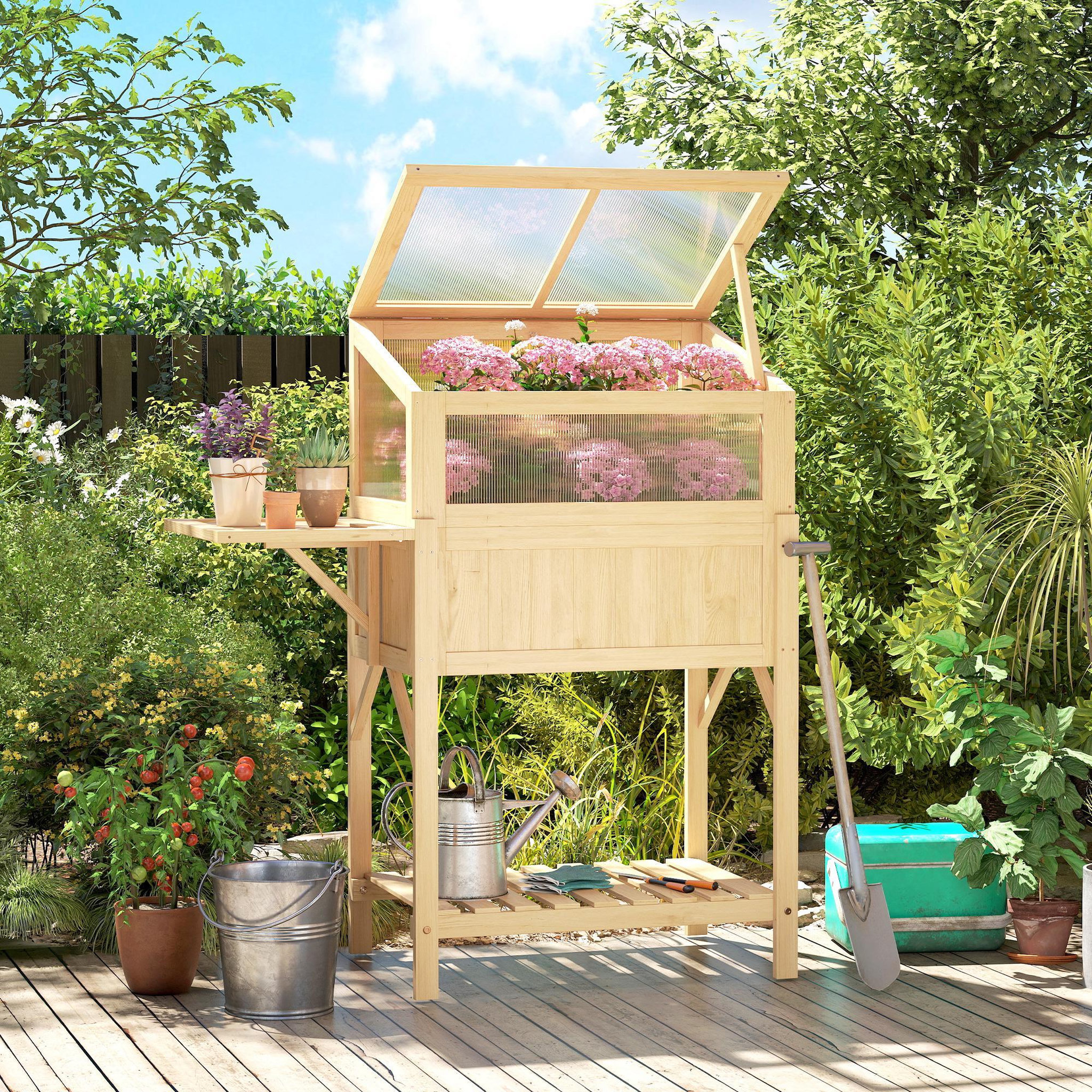 Voir la diapositive 6 : OUTSUNNY Carré potager sur pieds avec serre en bois naturel