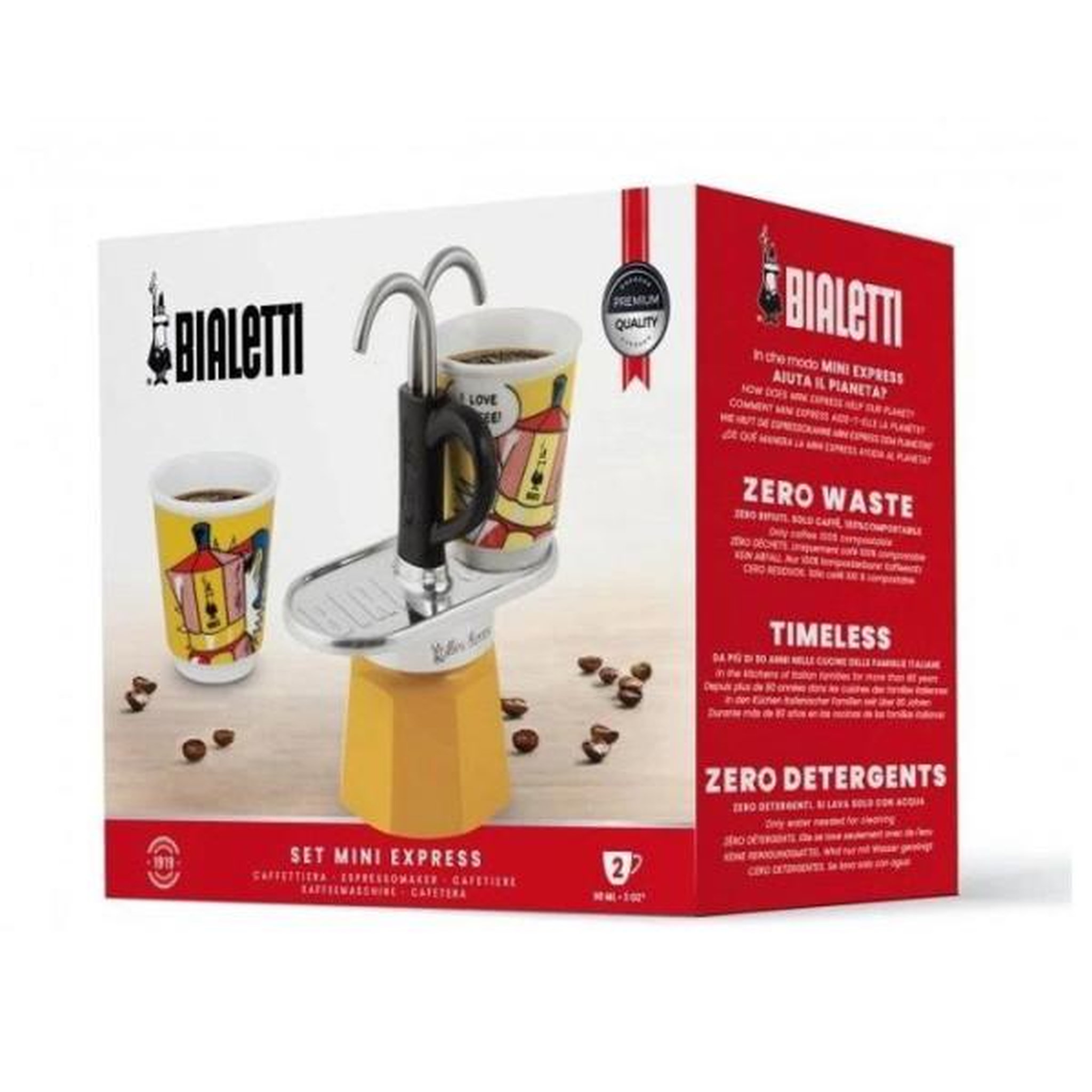 Voir la diapositive 4 : BIALETTI Set cafetiere italienne + 2 tasses - BIALETTI - Mini-express LICHTENSTEIN - 100 ml - Inox / Jaune