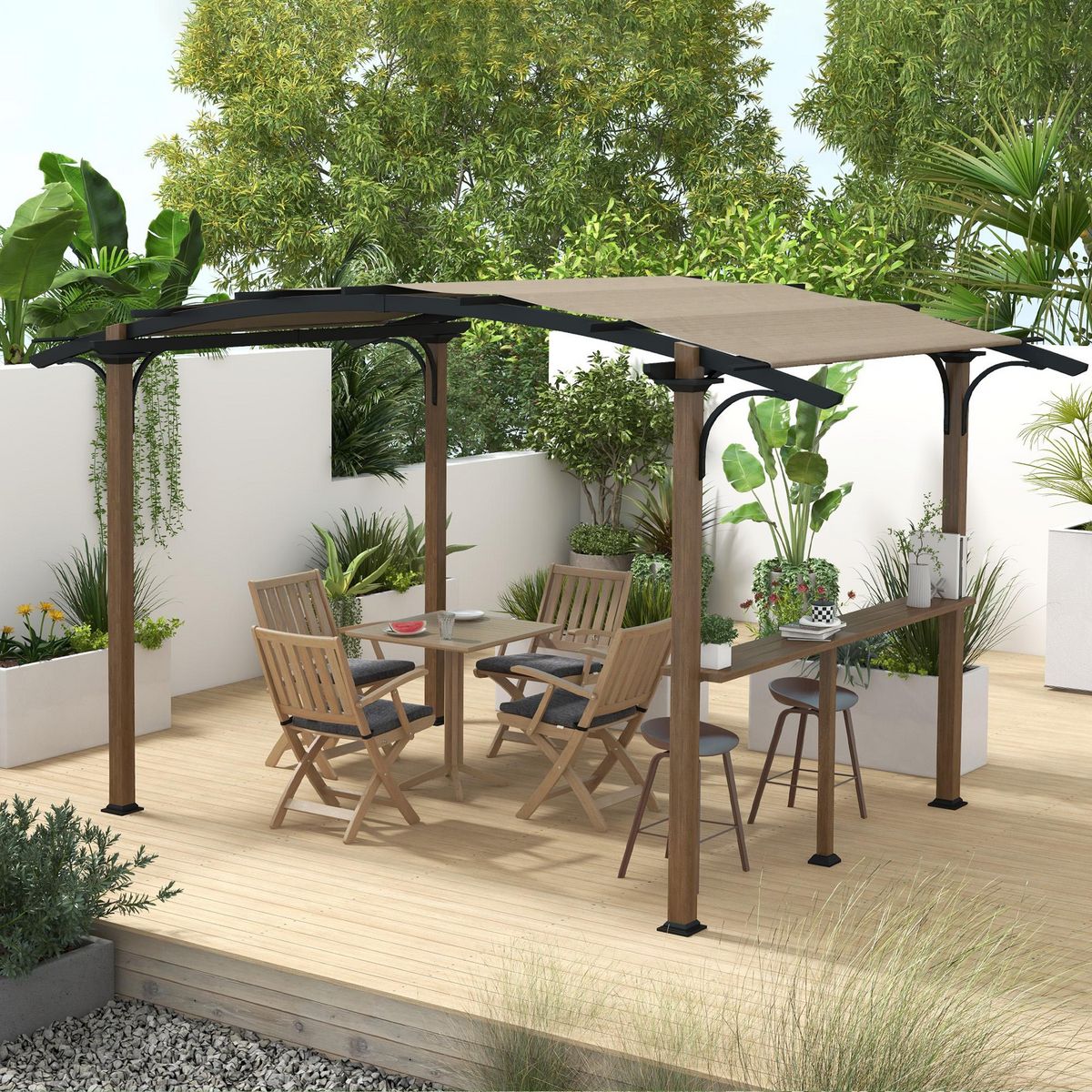 OUTSUNNY Pergola avec comptoir toit arche alu acier aspect bois noir toile grège