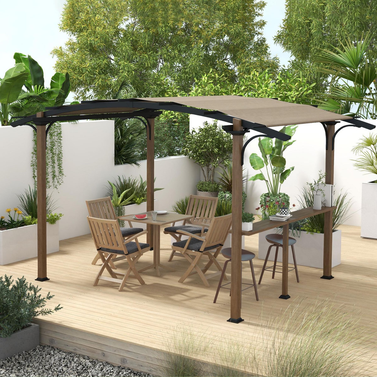 OUTSUNNY Pergola avec comptoir toit arche alu acier aspect bois noir toile grège