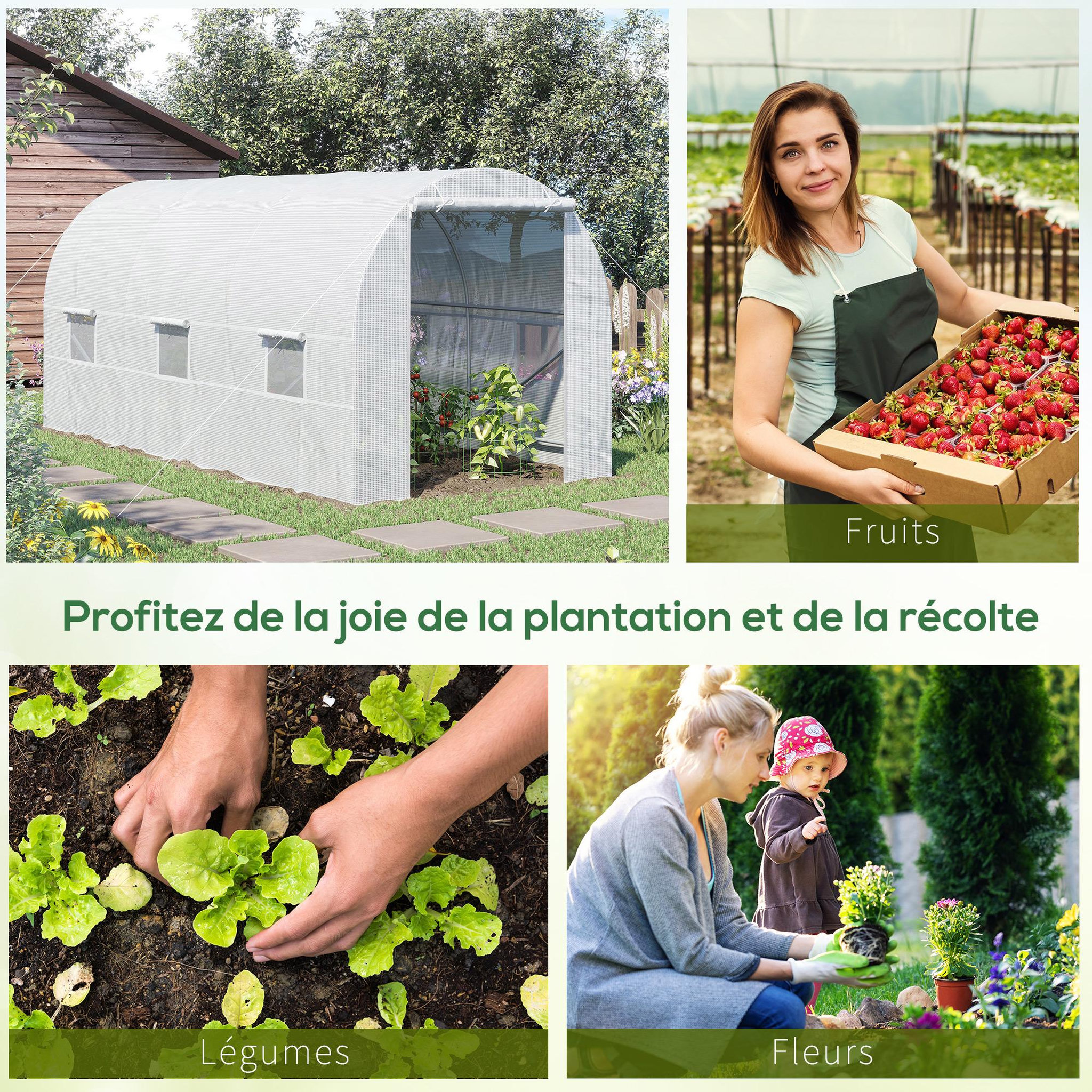 Voir la diapositive 6 : OUTSUNNY Serre de jardin tunnel surface sol 9 m² 4,5L x 2l x 2H m châssis tubulaire renforcé 18 mm 6 fenêtres blanc